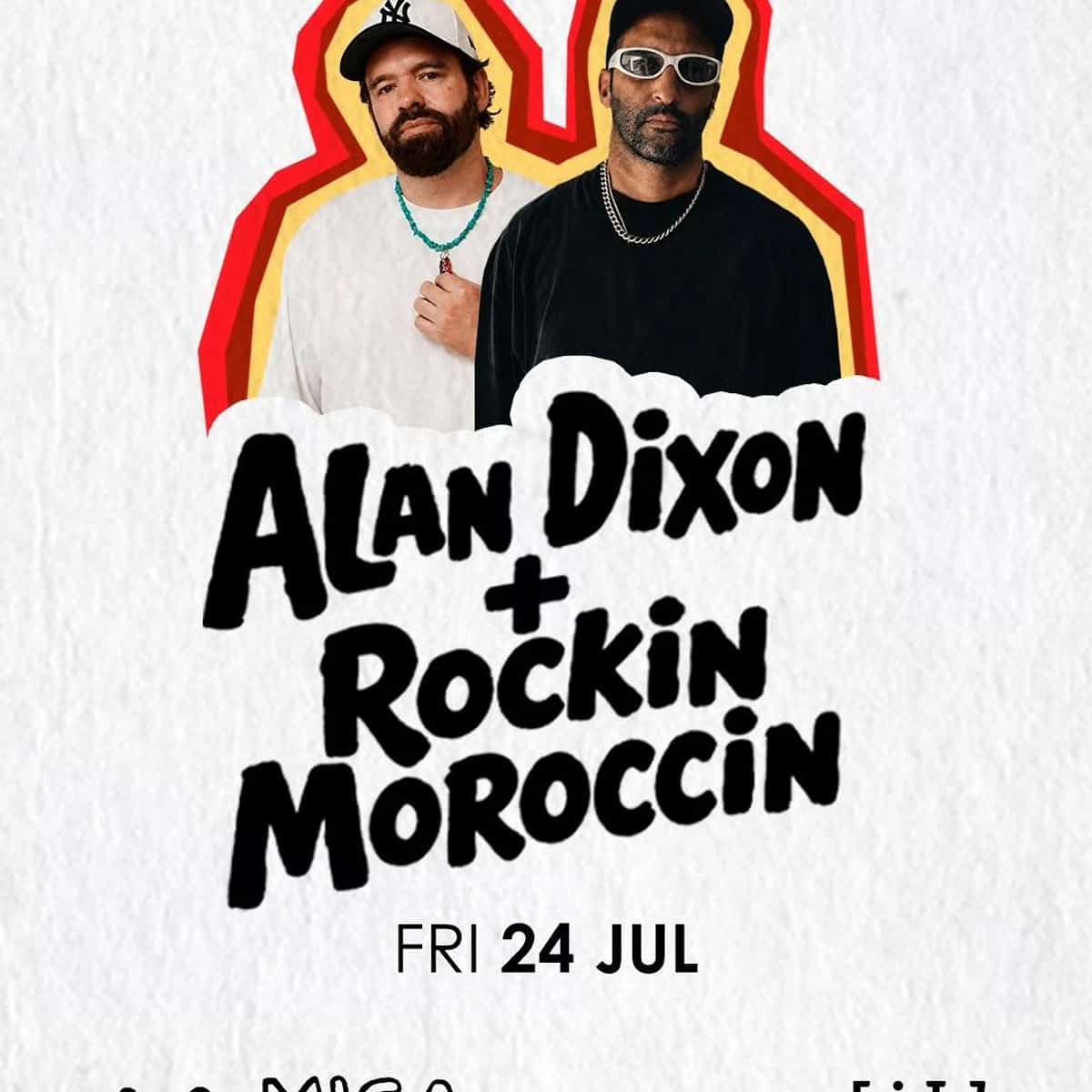 Cartel de Alan Dixon B2B Rockin Moroccin by La Misa en FITZ Marbella, con fondo blanco texturizado, retrato de los dos DJs y logos de La Misa y FITZ.