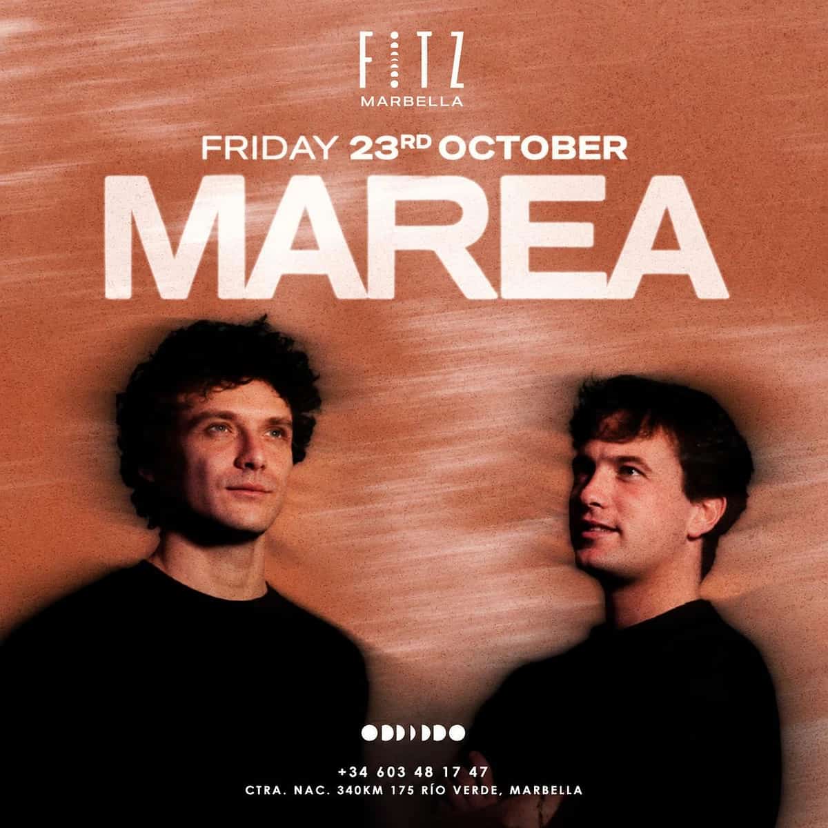 Cartel de MAREA World en FITZ Marbella para el 23 de octubre, con los dos DJs sobre fondo marrón, tipografía blanca y estética minimalista.