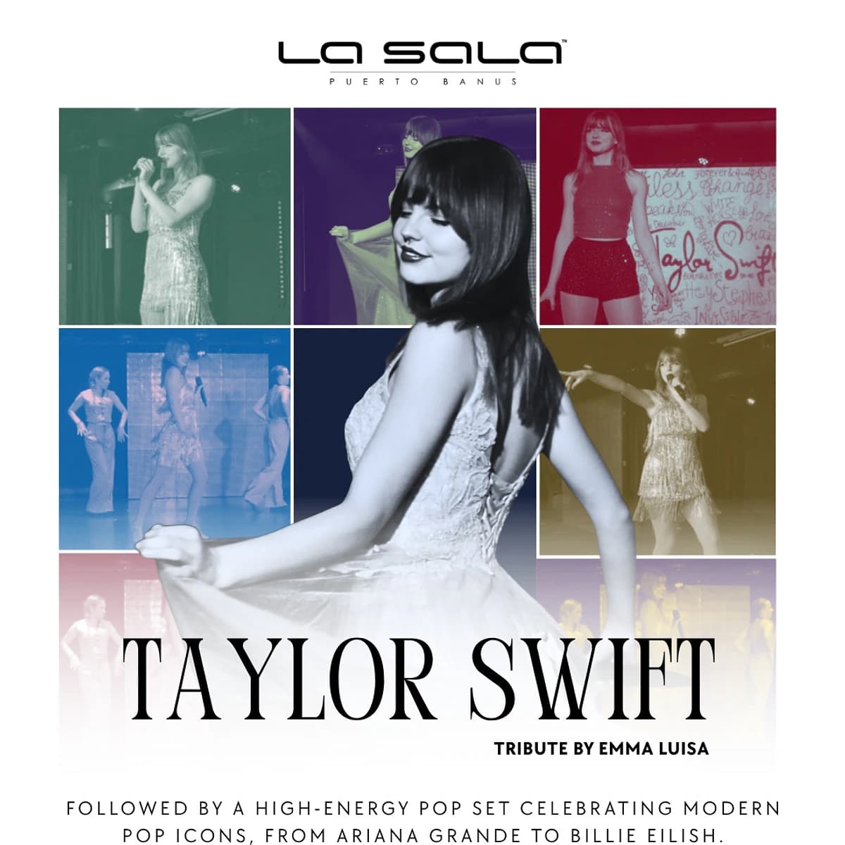 Cartel del tributo a Taylor Swift en La Sala Puerto Banús con Emma Luisa en el centro y varias imágenes de actuación en tonos pastel alrededor.