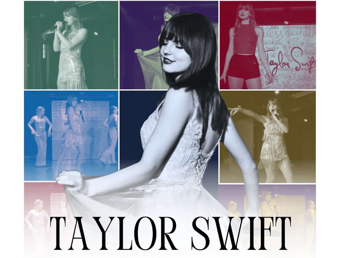 Cartel del tributo a Taylor Swift en La Sala Puerto Banús con Emma Luisa en el centro y varias imágenes de actuación en tonos pastel alrededor.