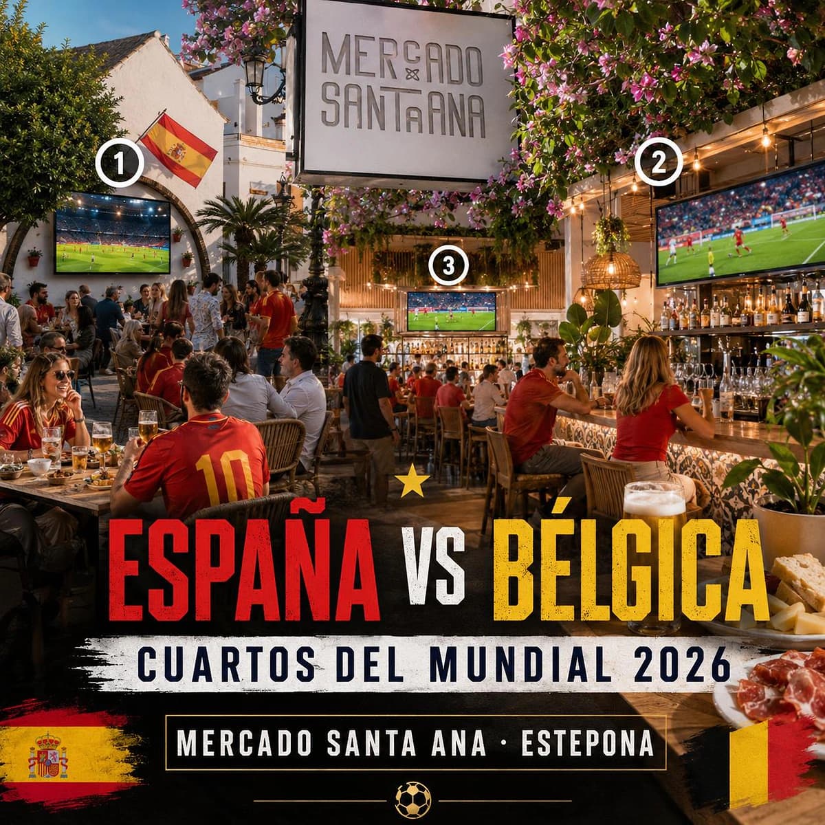 Cartel del partido España vs Bélgica del Mundial 2026 en Mercado Santa Ana Estepona, con 3 pantallas en espacios diferentes, comida, cerveza fría y ambiente de La Roja.