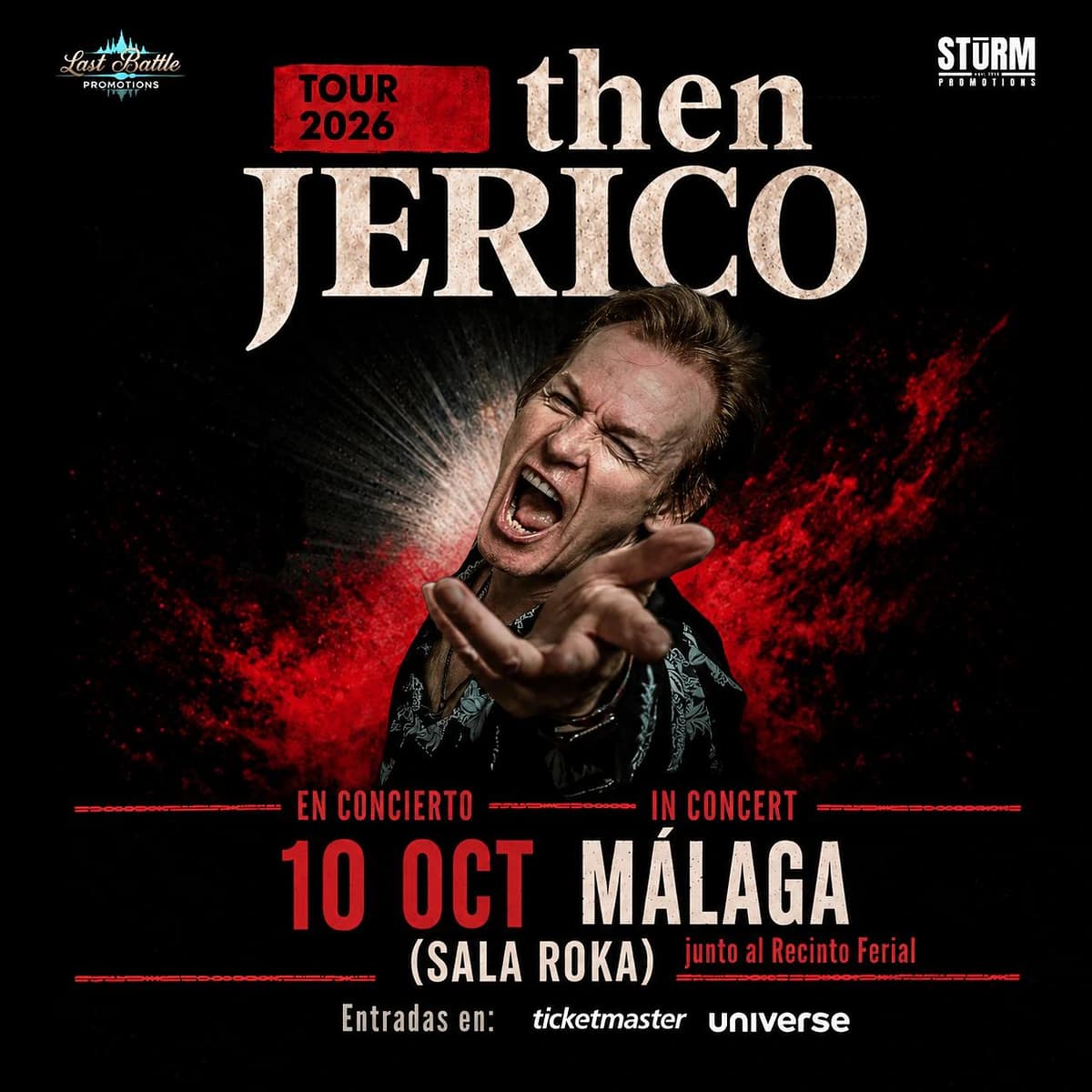 Cartel de Then Jerico Tour 2026 con Mark Shaw en primer plano, fecha 10 de octubre, Málaga y Sala Roka sobre fondo negro y rojo.
