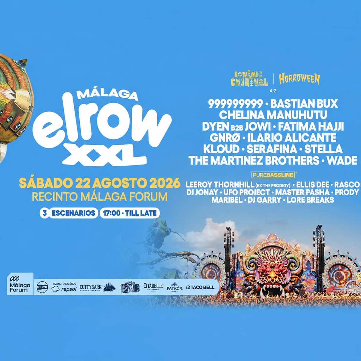 Cartel de elrow XXL Málaga 2026 con tres escenarios y artistas como The Martinez Brothers, 999999999, Wade, Fatima Hajji e Ilario Alicante.