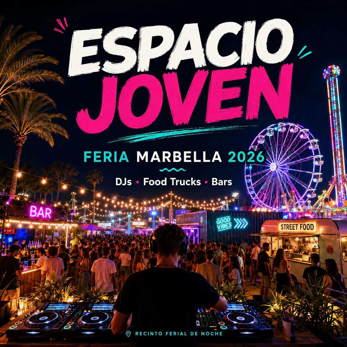 Cartel del Espacio Joven Feria Marbella 2026, con DJs, food trucks, barras y ambiente nocturno en la zona Este del Recinto Ferial de Noche.