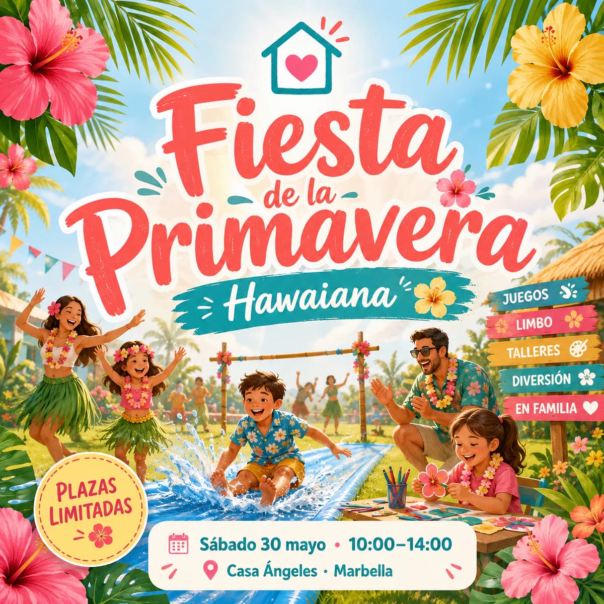 Cartel de la Fiesta de la Primavera en Casa Ángeles con temática hawaiana, juegos familiares y actividades inclusivas para niños y familias en Marbella.
