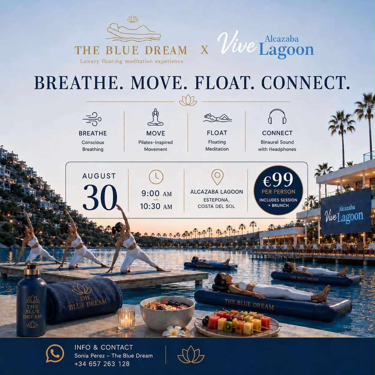 Cartel de The Blue Dream en Alcazaba Lagoon con una experiencia wellness de respiración, movimiento inspirado en pilates, meditación flotante, sonido binaural con auriculares y brunch.
