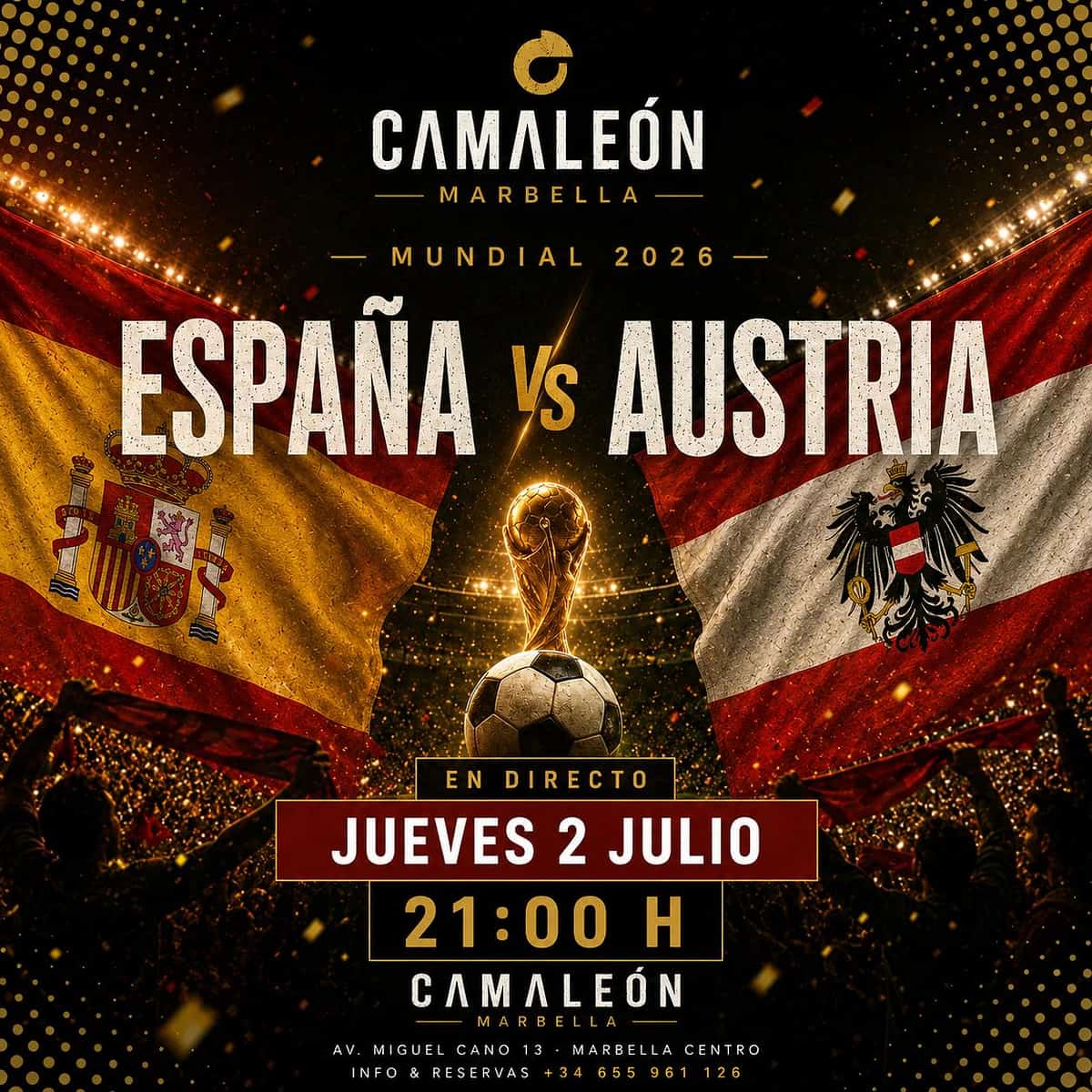 Cartel de retransmisión en directo de España vs Austria en el Mundial 2026 con ambiente de fútbol internacional y noche de partido en Marbella centro.