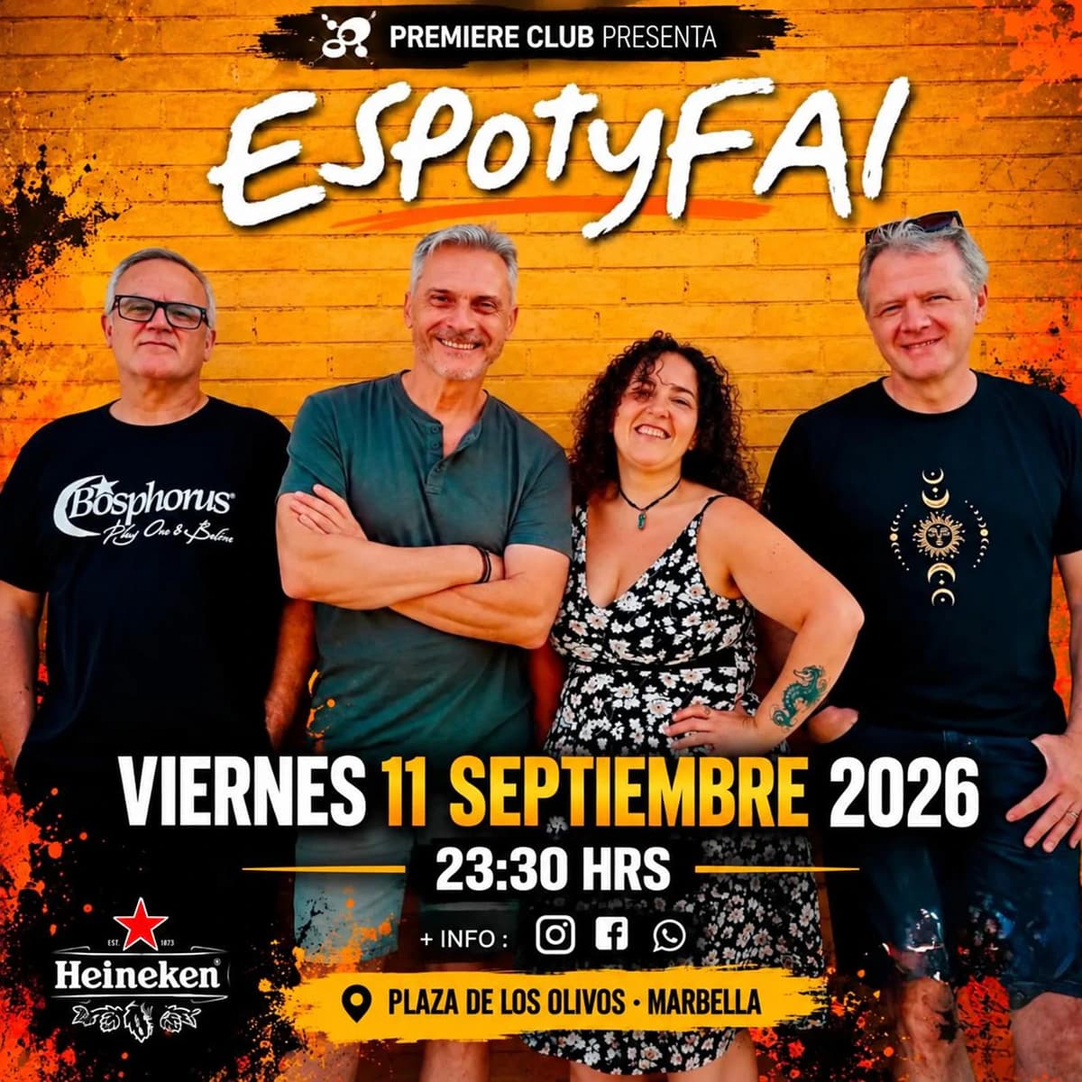 Cuatro integrantes de ESPotyFAI posan frente a una pared naranja bajo el nombre de la banda. El cartel anuncia su concierto en Premiere Club el viernes 11 de septiembre de 2026 a las 23:30 h en Plaza de los Olivos, Marbella.