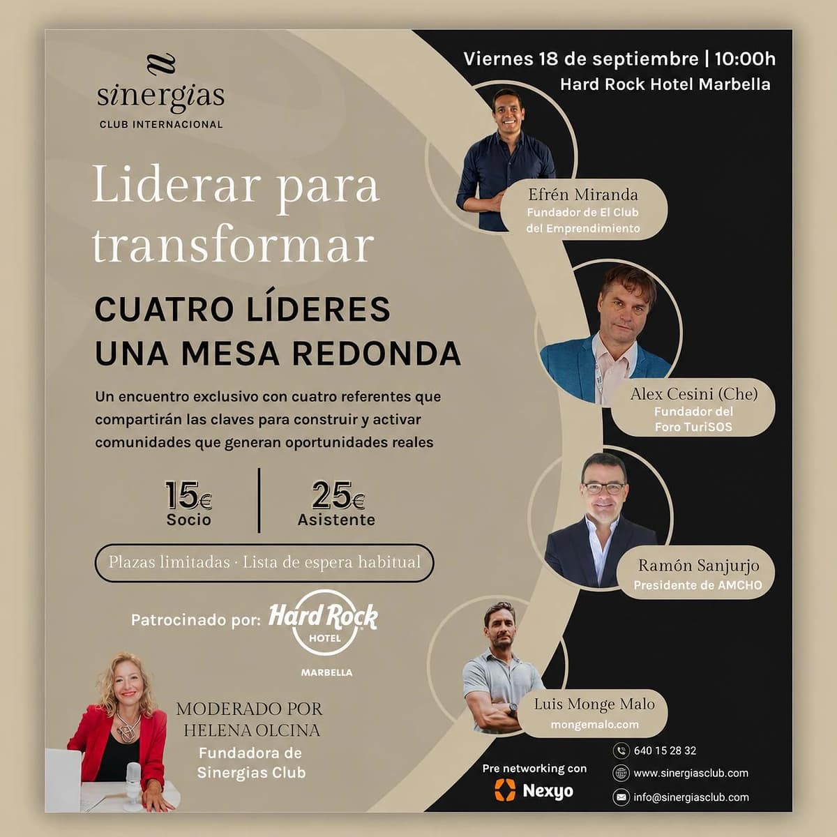 Cartel de Liderar para transformar en Hard Rock Hotel Marbella con mesa redonda de cuatro líderes, Helena Olcina como moderadora, fecha 18 de septiembre y precios para socios y asistentes.