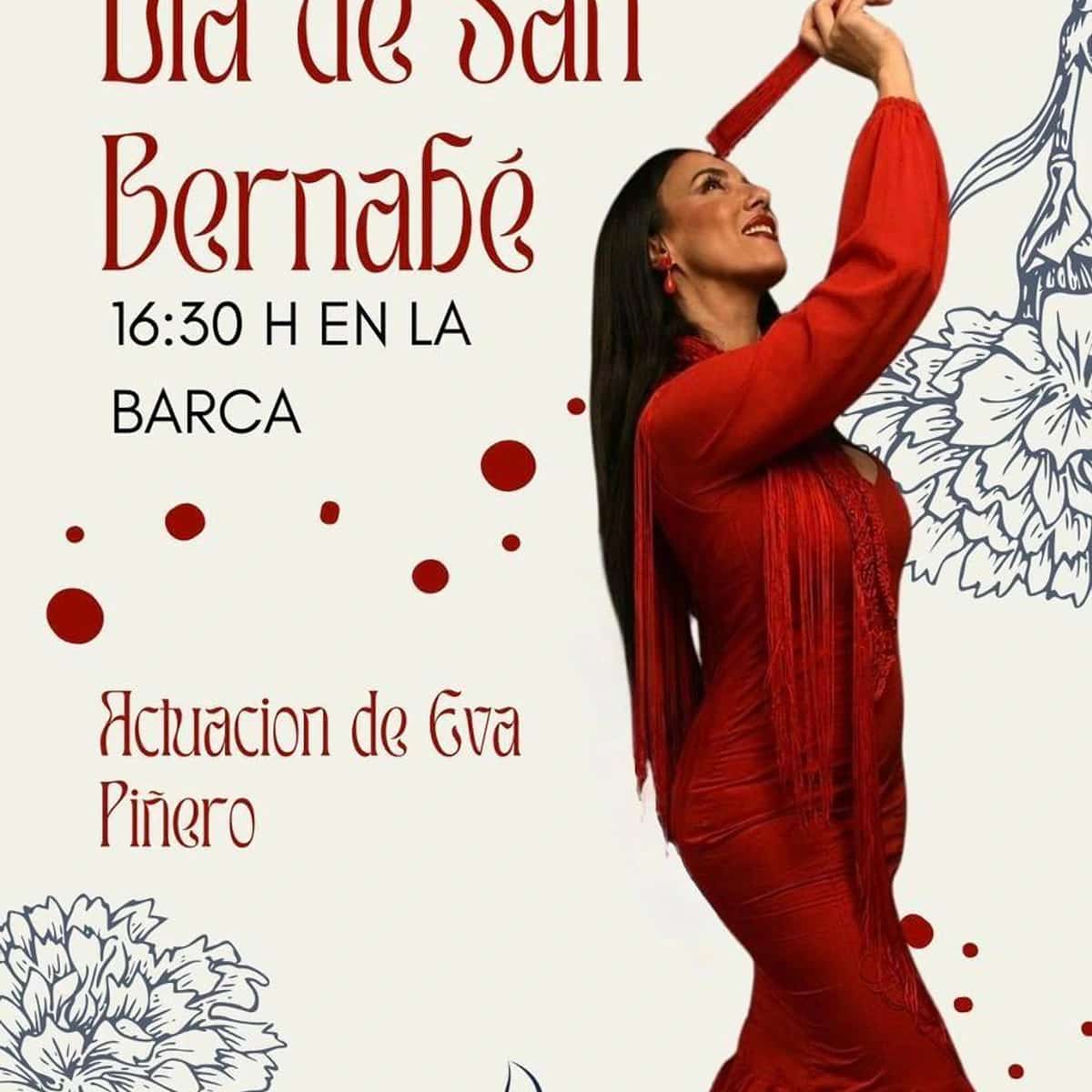 Cartel de actuación de Eva Piñero en Restaurante La Barca Marbella por el Día de San Bernabé, con artista vestida de flamenca roja.