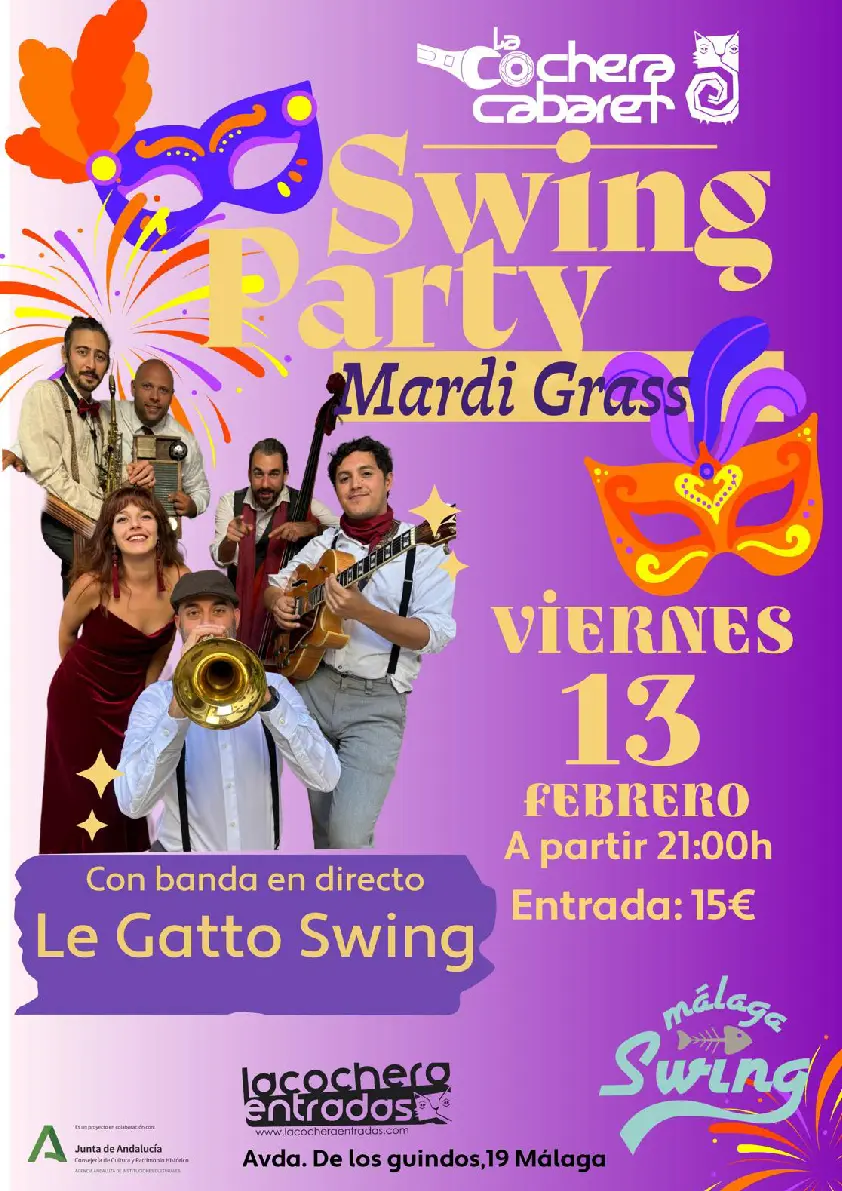 Le Gatto Swing actuando en vivo con vibrantes decoraciones de Mardi Gras
