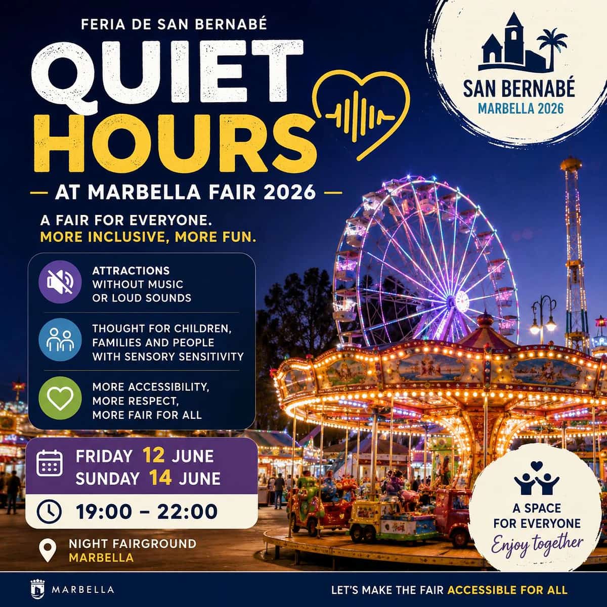 Cartel de Feria sin ruido Marbella 2026, con atracciones del Recinto Ferial de Noche y franjas horarias accesibles durante San Bernabé.