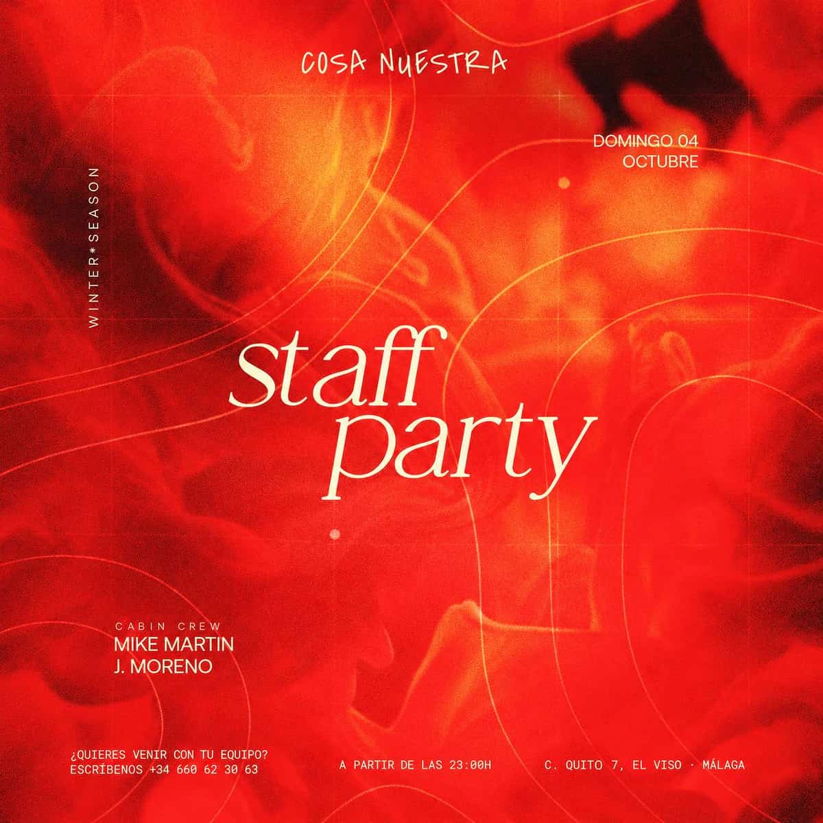 Cartel rojo de Staff Party en Cosa Nuestra Málaga, domingo 4 de octubre, con Mike Martin y J. Moreno en cabina desde las 23:00.