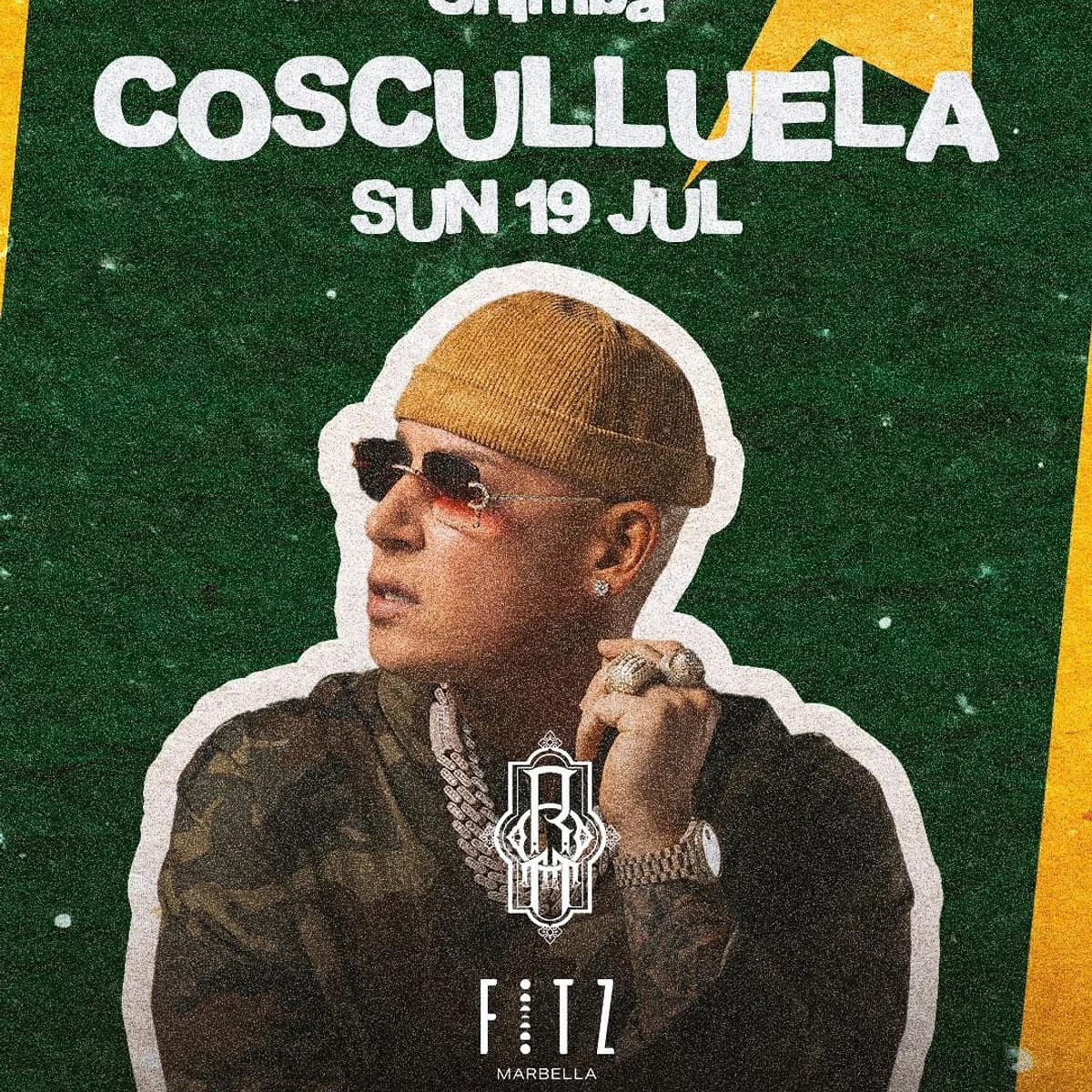 Cartel de Cosculluela en FITZ Marbella para el domingo 19 de julio, evento +18 de reguetón, latin trap y música urbana latina.