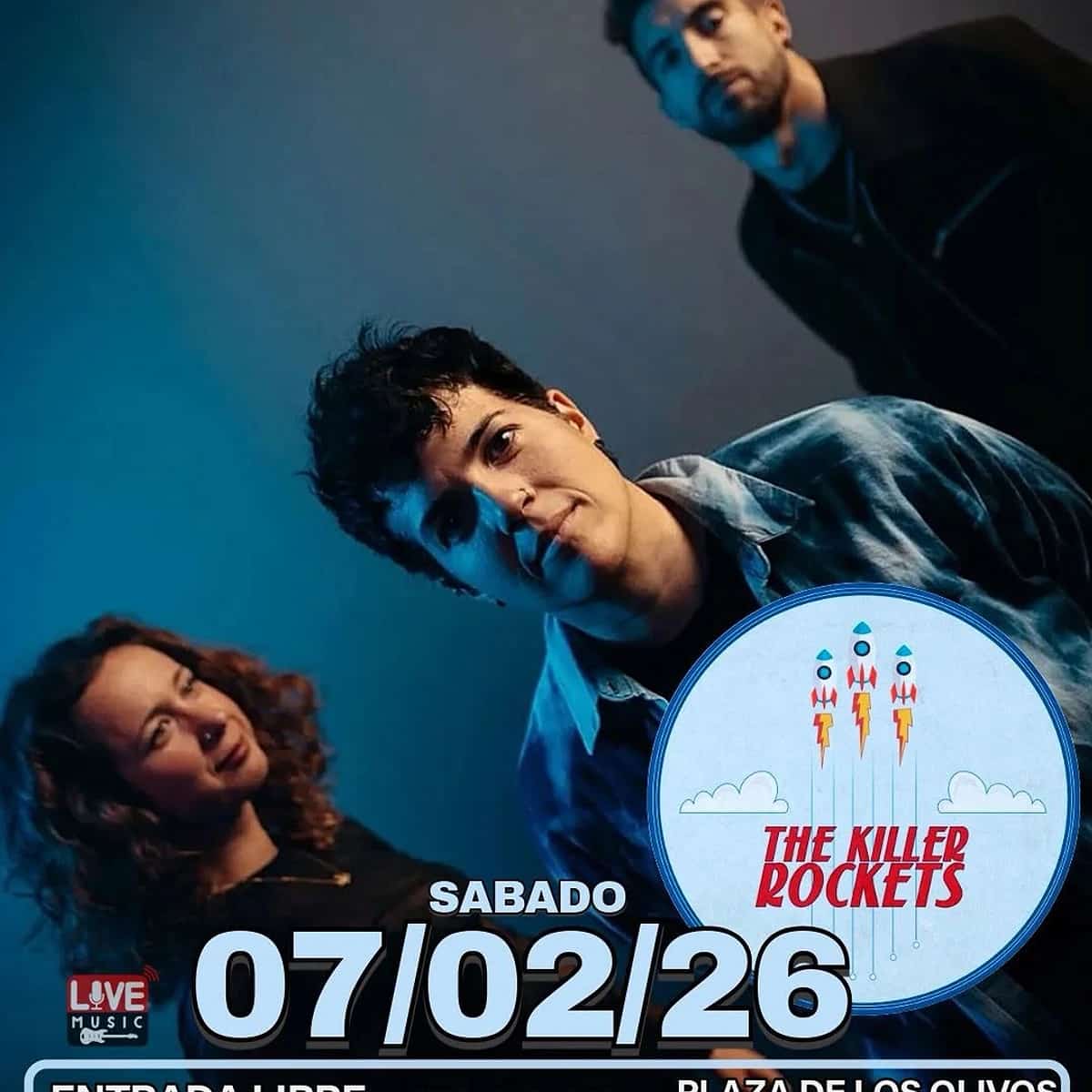 Banda The Killer Rockets en concierto de música rock en vivo en Premiere Club Marbella, actuación nocturna con entrada libre en Plaza de los Olivos, ambiente de directo y música alternativa.Imagen del cartel del evento