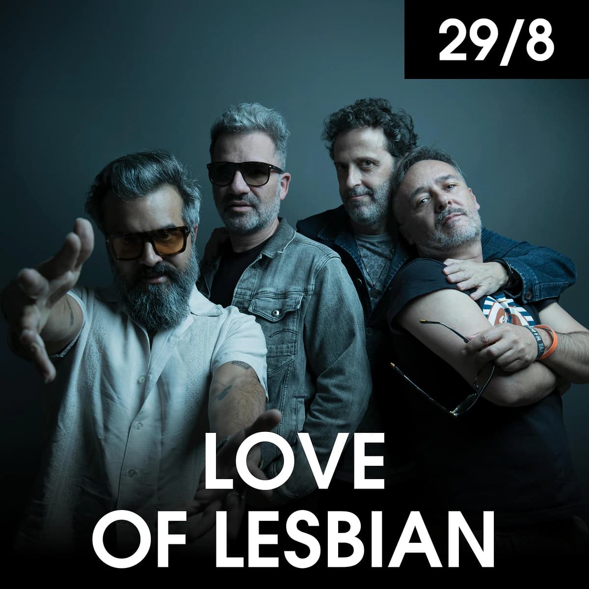 Cartel de Love of Lesbian para su concierto en Starlite Marbella el 29 de agosto de 2026, con retrato conjunto de los miembros de la banda.