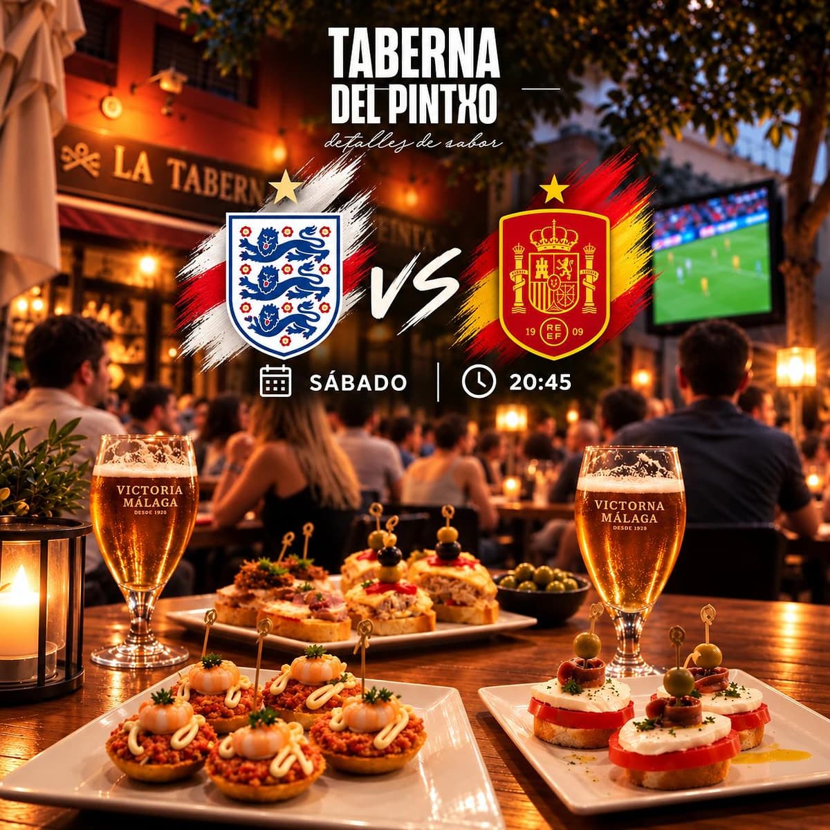 Cartel de Inglaterra vs España en La Taberna del Pintxo, con los escudos de ambas selecciones, horario 20:45, pintxos, tapas y cervezas en una terraza con pantallas de fútbol.