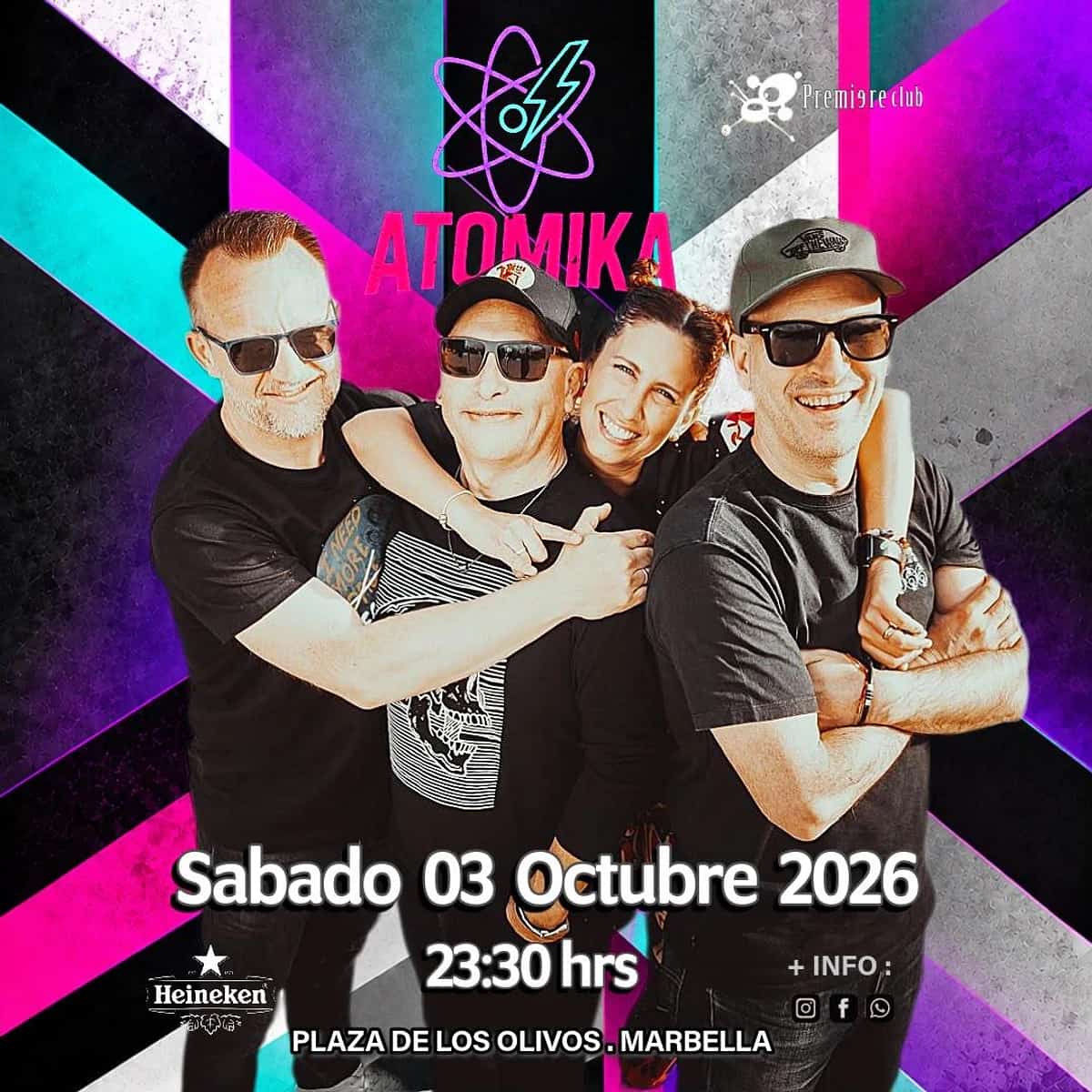 Cuatro integrantes de Atomika posan ante un fondo geométrico negro, gris, turquesa y fucsia. El cartel anuncia el sábado 3 de octubre de 2026 a las 23:30 h en Marbella.