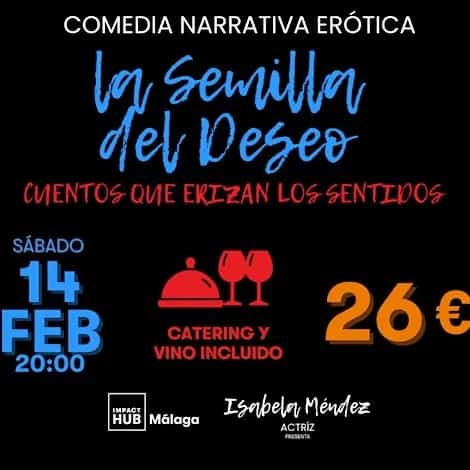 Espectáculo de comedia erótica en un ambiente íntimo en Impact Hub Málaga por San Valentín.