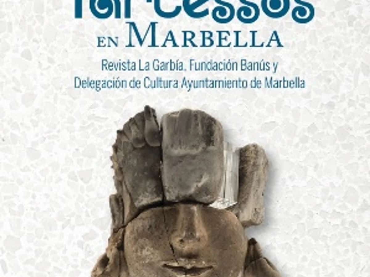 Cartel de las Jornadas sobre Tartessos en Marbella con escultura tartésica y anuncio de conferencia sobre élites y conexiones en la Primera Edad del Hierro.