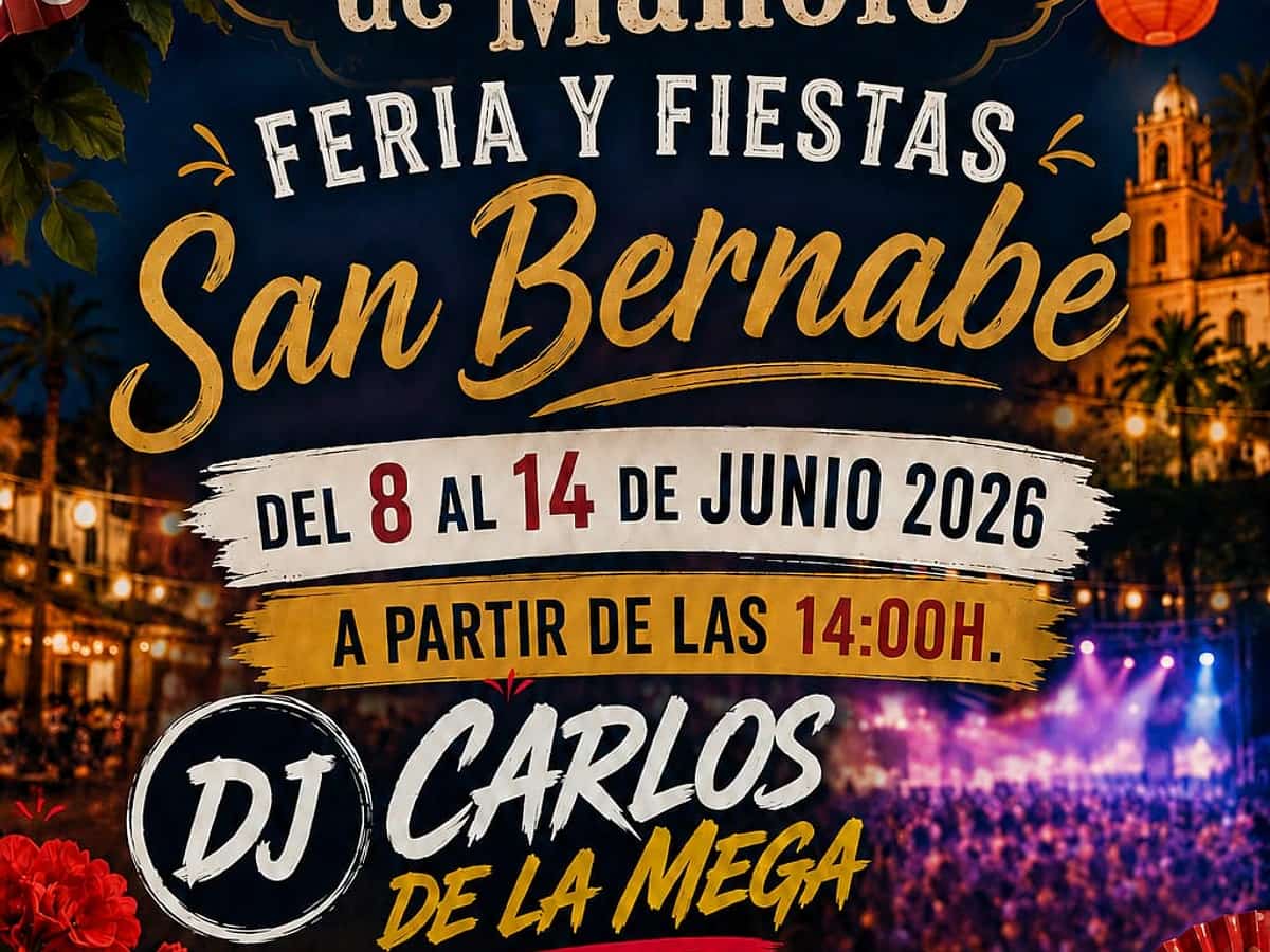 Cartel de la Caseta Las Niñas de Manolo para la Feria de San Bernabé 2026 en Marbella, con DJ Carlos de la Mega del 8 al 14 de junio.