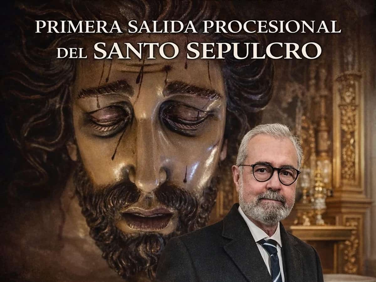 Cartel del pregón extraordinario del LXXV aniversario de la primera salida procesional del Santo Sepulcro en Marbella con Juan Pedro Pérez Duarte.