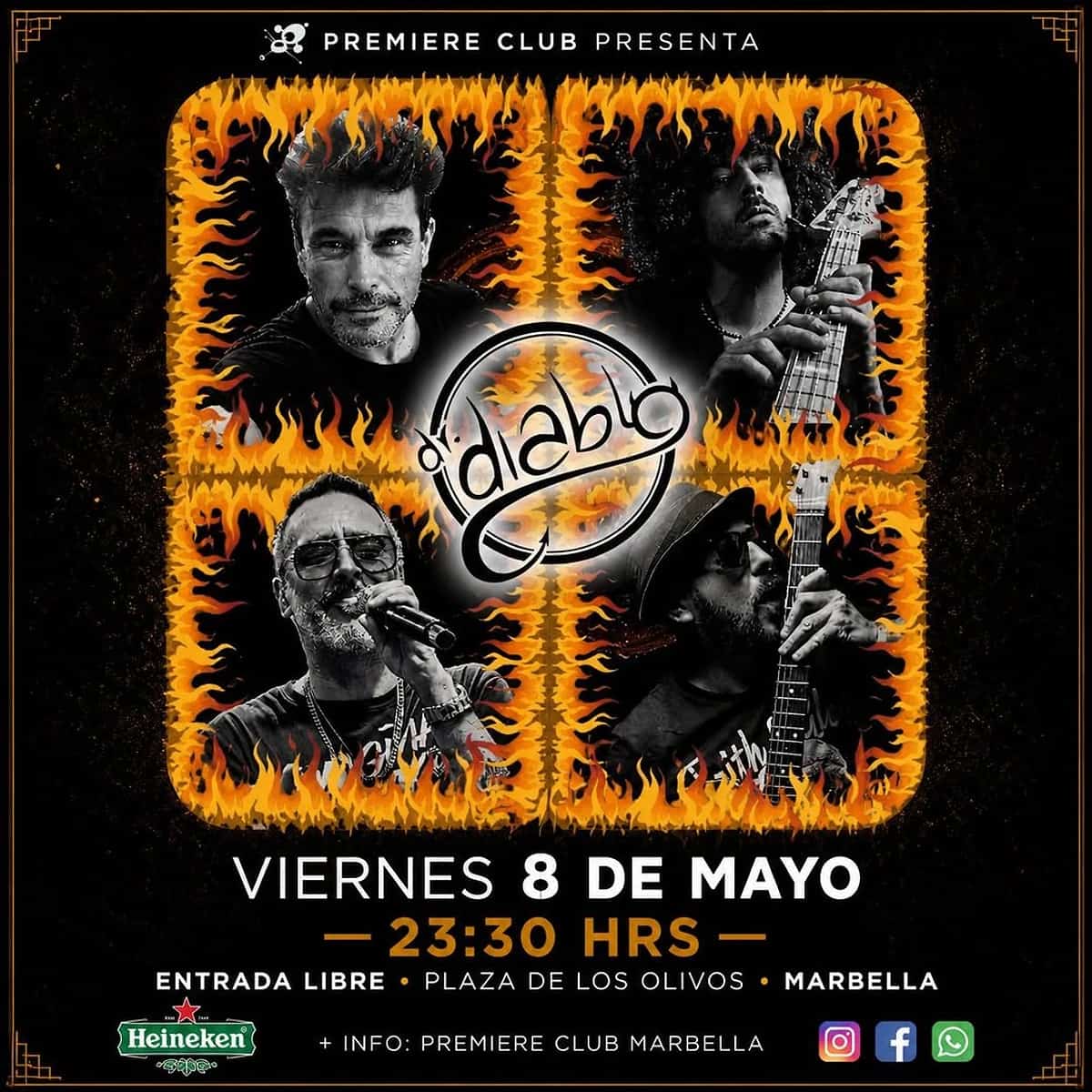 Cartel promocional de Diablo en Premiere Club Marbella con cuatro retratos en blanco y negro rodeados de llamas naranjas sobre fondo negro. El concierto es el viernes 8 de mayo a las 23:30 h y la entrada es libre.