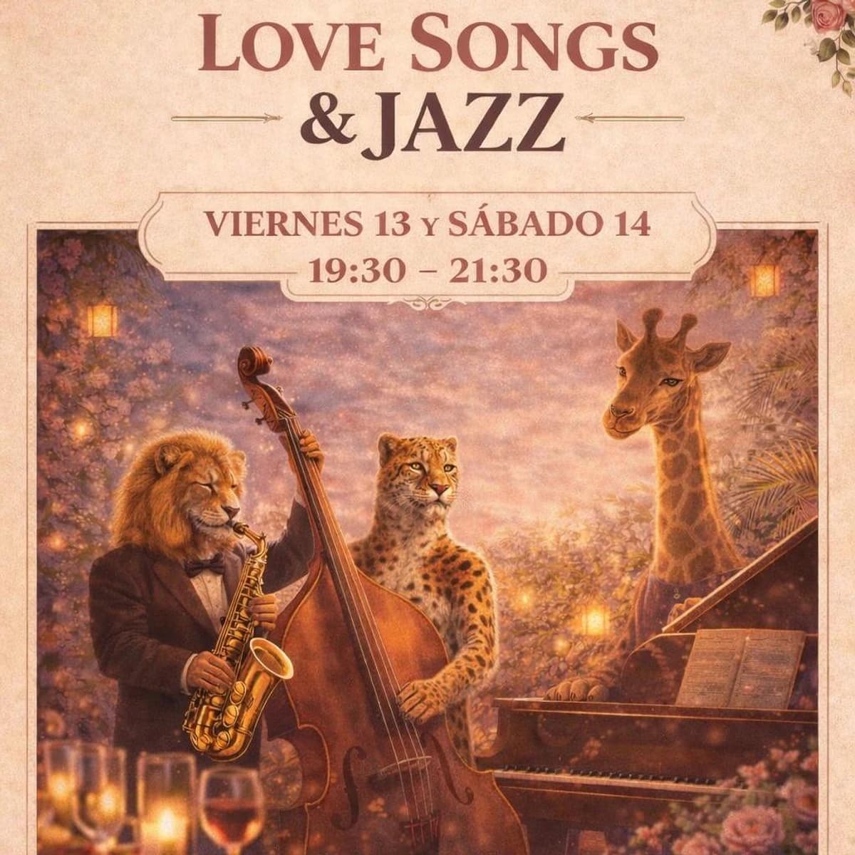 Cartel de estilo vintage para el evento "Love Songs & Jazz" en Trocadero Estepona con animales ilustrados tocando instrumentos de jazz en un entorno romántico.