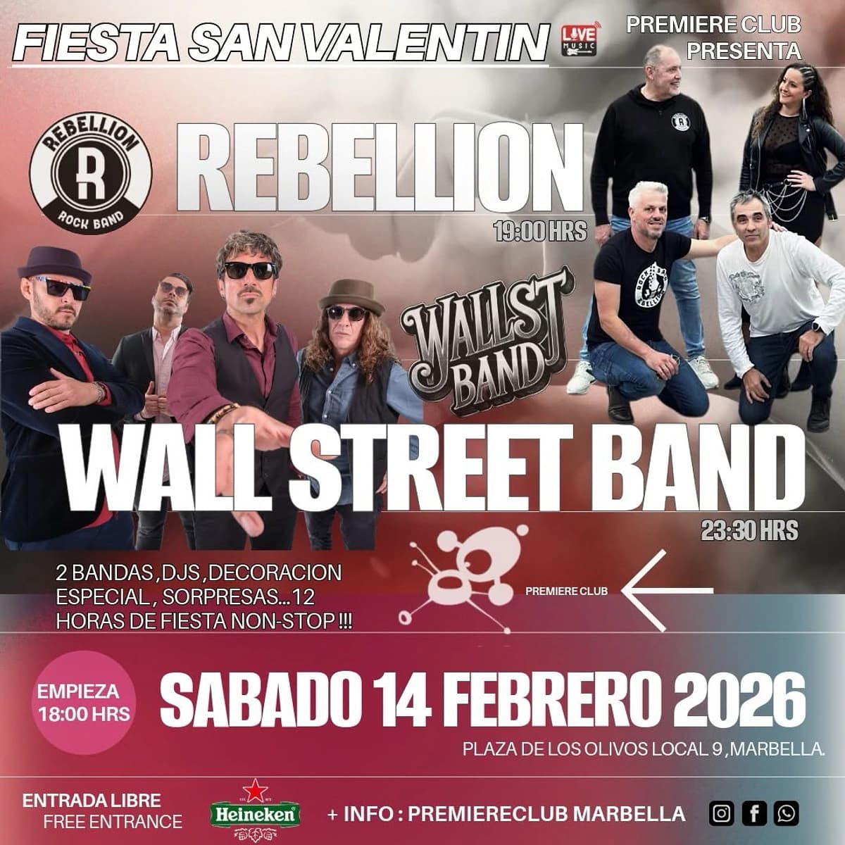 Fiesta de San Valentín en Premiere Club Marbella con conciertos de rock en directo de Rebellion y Wall Street Band, música en vivo y entrada libre.