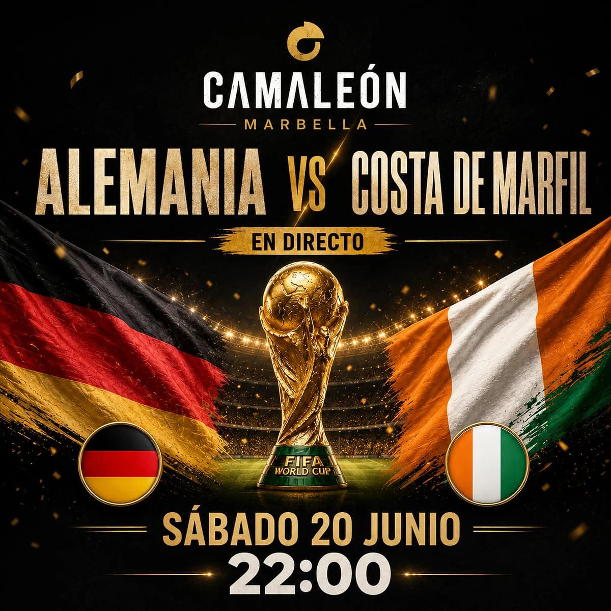 Cartel de Camaleón Marbella anunciando la retransmisión en directo de Alemania vs Costa de Marfil en el Mundial 2026 el sábado 20 de junio a las 22:00.