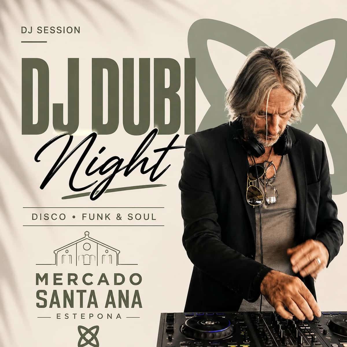 Cartel de DJ Dubi Night en Mercado Santa Ana Estepona, con estética minimalista, DJ en cabina y música disco, funk y soul.