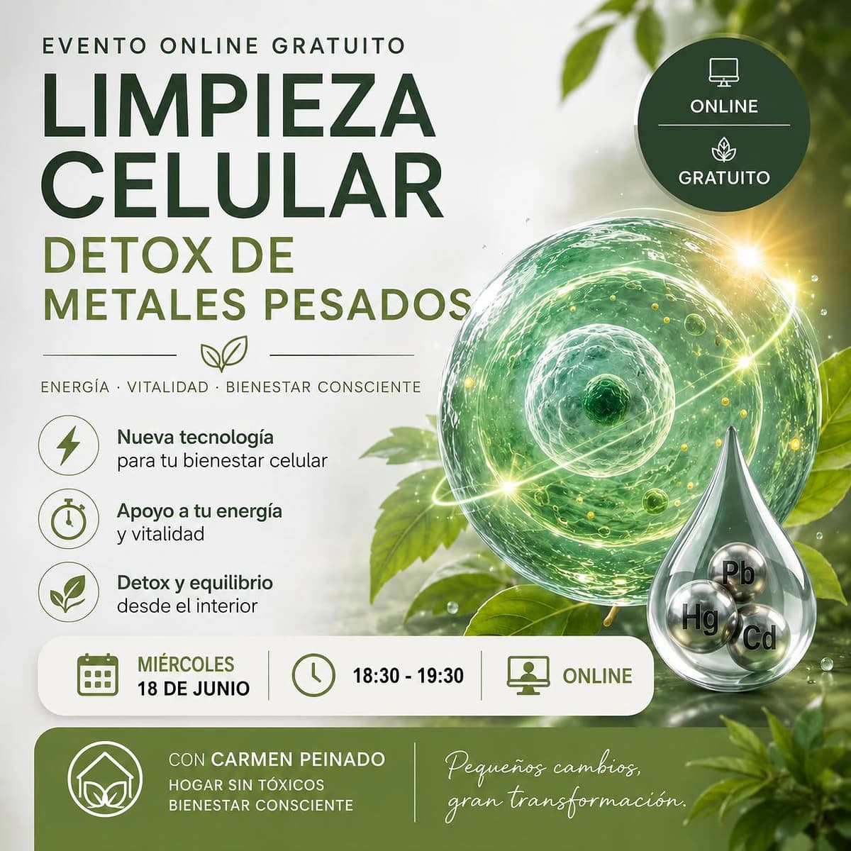 Cartel de evento online sobre energía celular, bienestar consciente, vitalidad y equilibrio celular con estética limpia y científica.