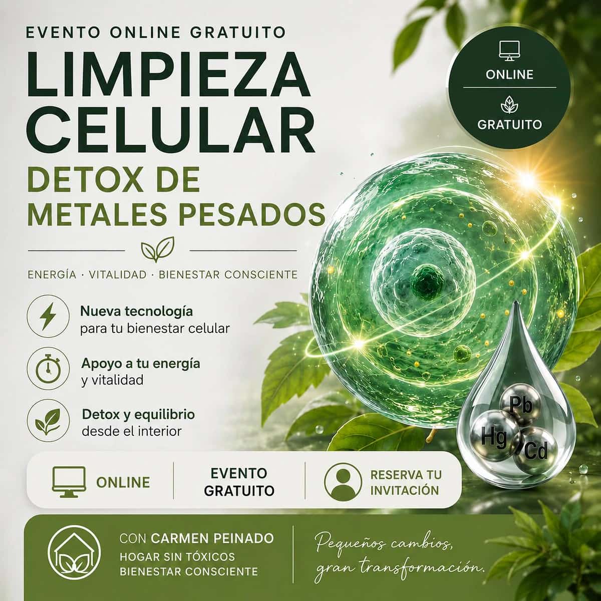 Cartel de evento online sobre energía celular, bienestar consciente, vitalidad y equilibrio celular con estética limpia y científica.