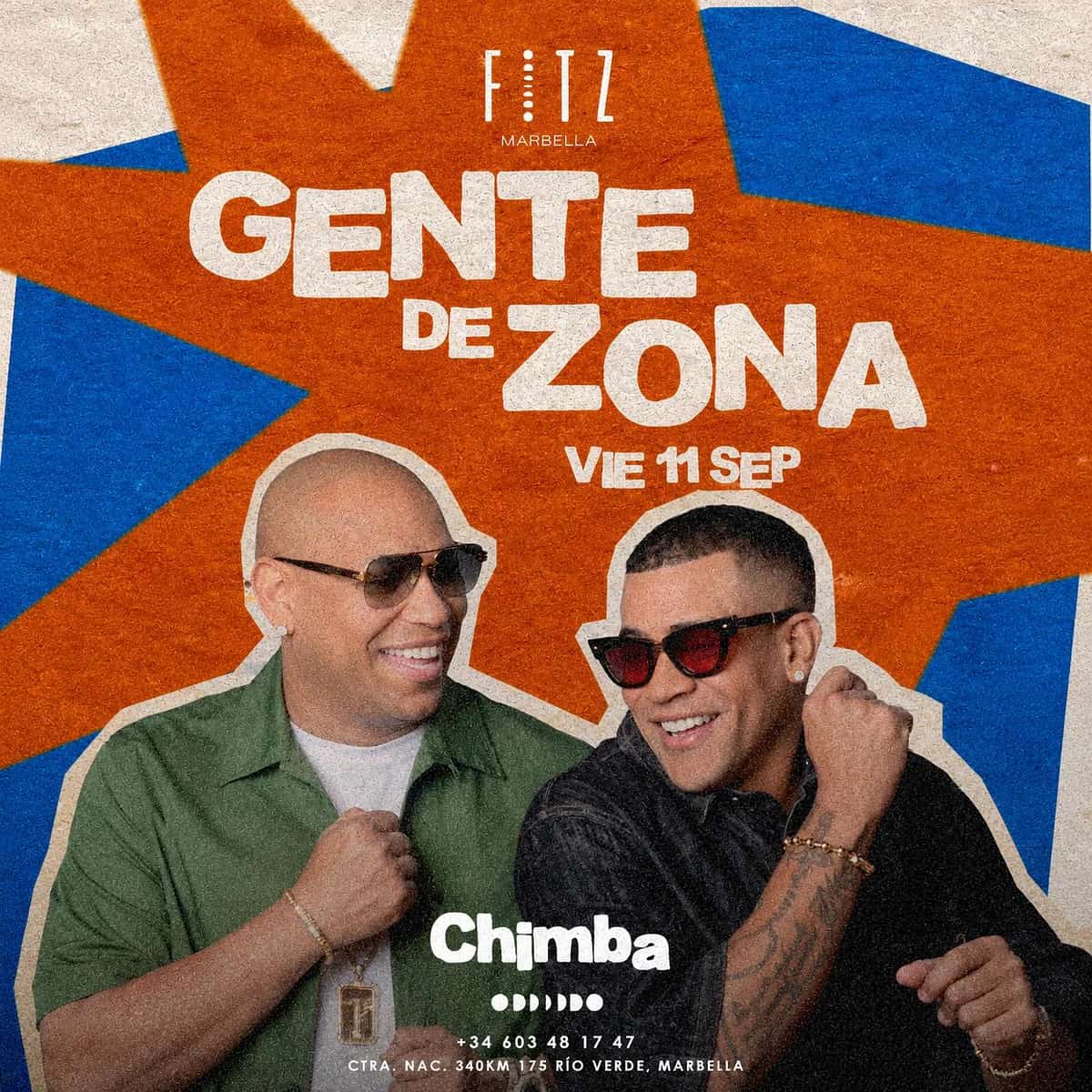 Cartel de Gente de Zona en FITZ Marbella para el viernes 11 de septiembre, con fondo azul y naranja, retrato del dúo cubano, logo de FITZ y texto Chimba.