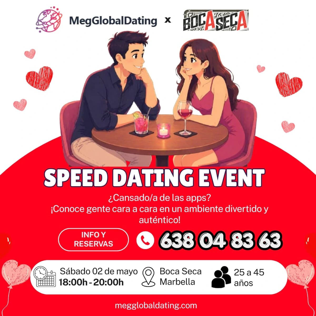 Cartel de speed dating en Boca Seca para personas de 25 a 45 años, sábado 2 de mayo de 18:00 a 20:00, con una pareja conversando en una mesa.