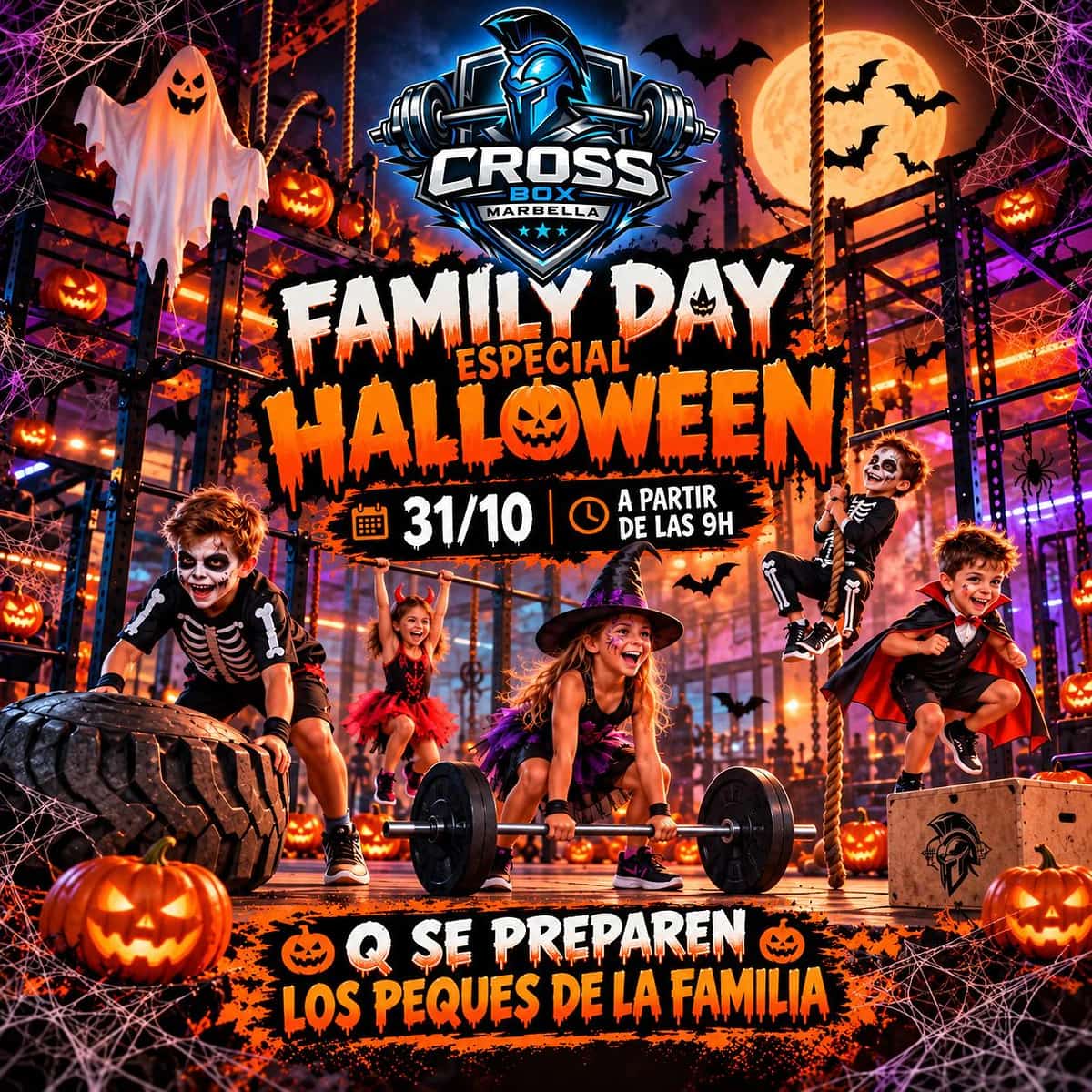 Cartel Halloween de CrossBox Marbella con niños disfrazados de esqueletos, bruja y vampiro entrenando entre pesas, cuerdas, calabazas y decoración temática.