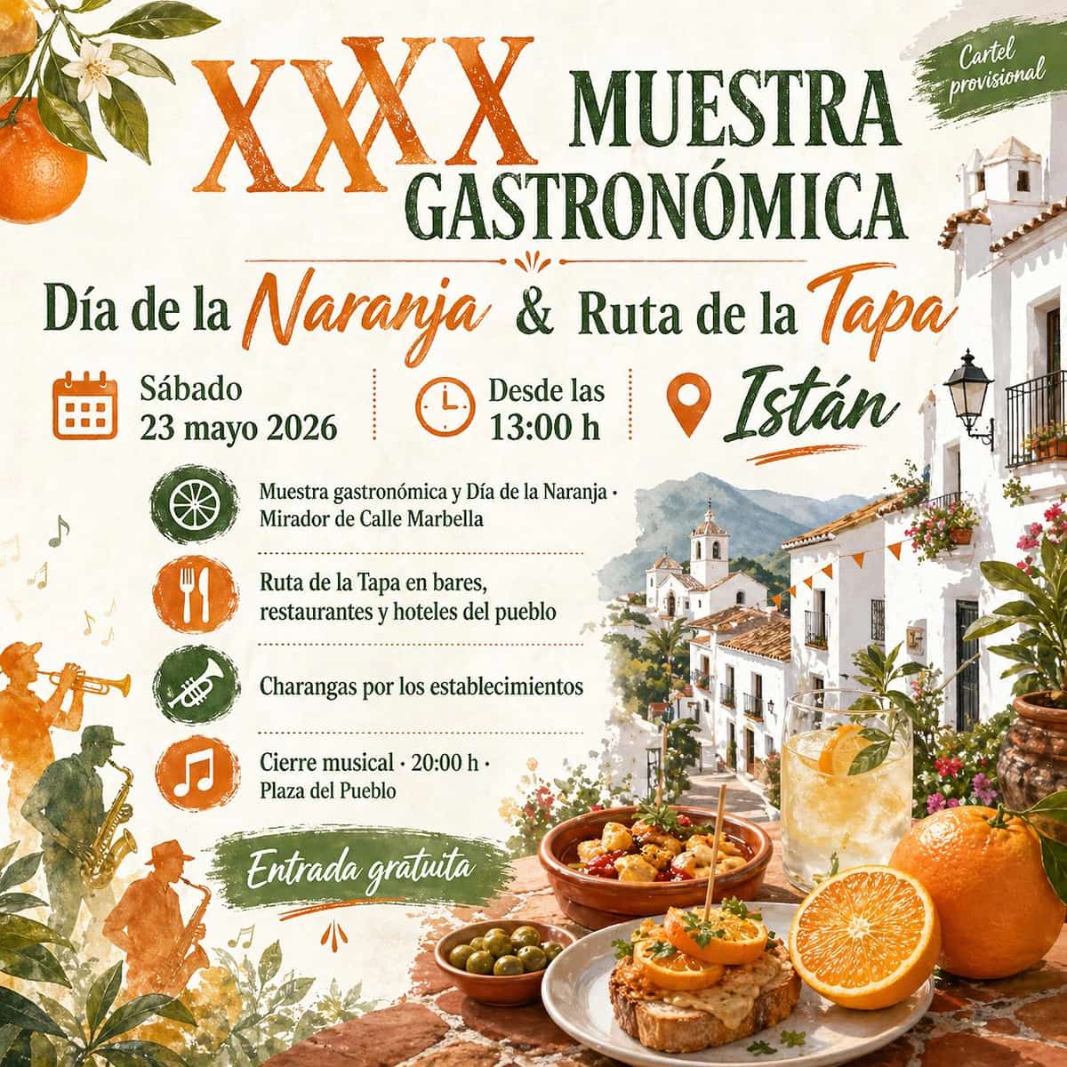 Cartel provisional de la XXX Muestra Gastronómica, Día de la Naranja y Ruta de la Tapa de Istán 2026, con naranjas, tapas, música y pueblo blanco.