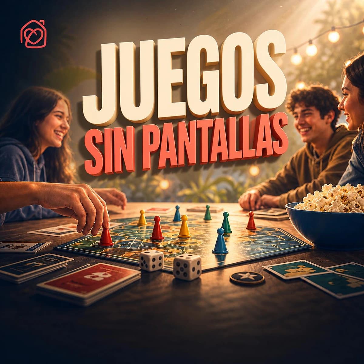 Cartel de una actividad para adolescentes en Casa Ángeles con juegos sin pantallas, palomitas y dinámica grupal inclusiva el viernes 15 de mayo en Marbella.