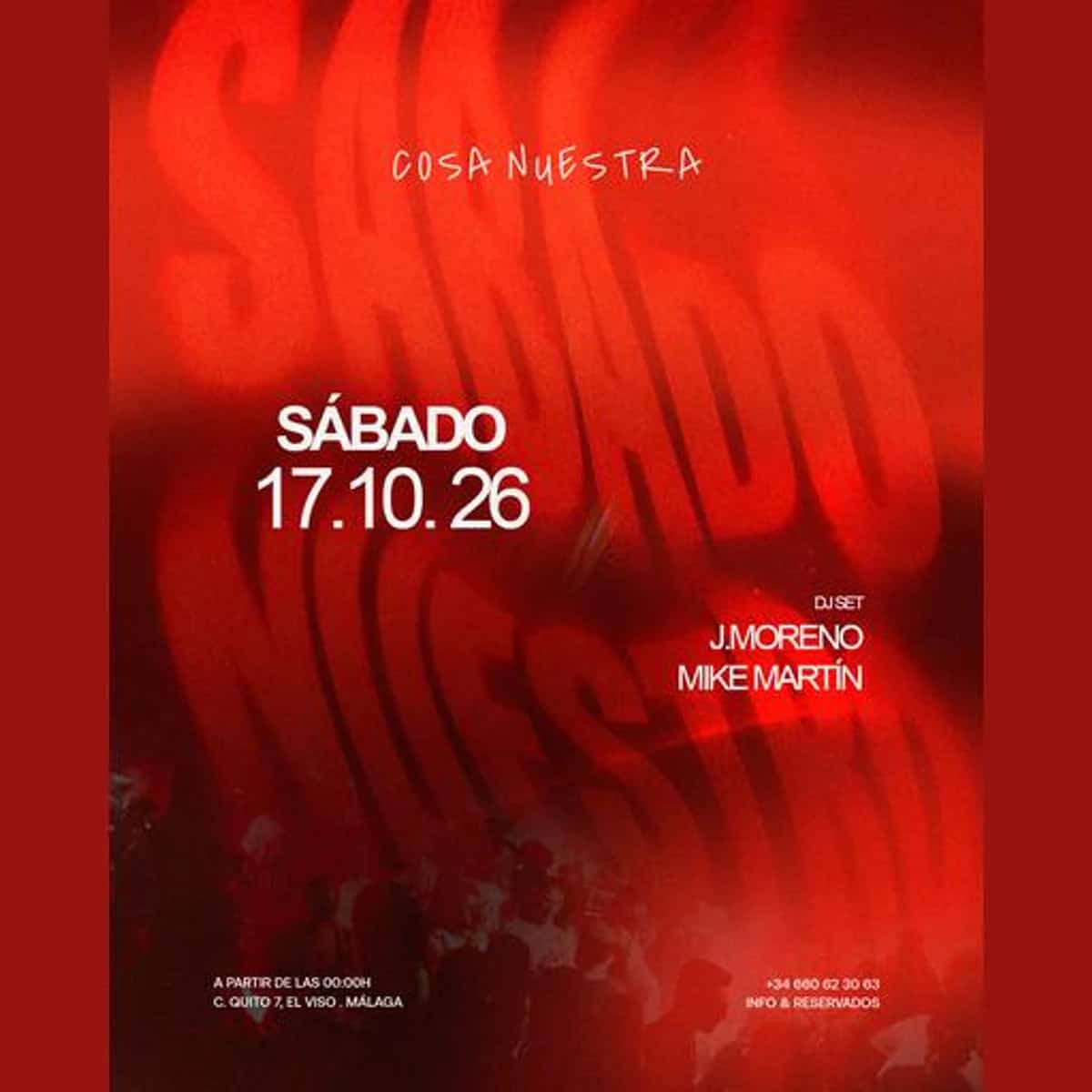 Cartel rojo de Sábado Nuestro para el 17 de octubre de 2026, con letras blancas, siluetas de público y los nombres J. Moreno y Mike Martín.