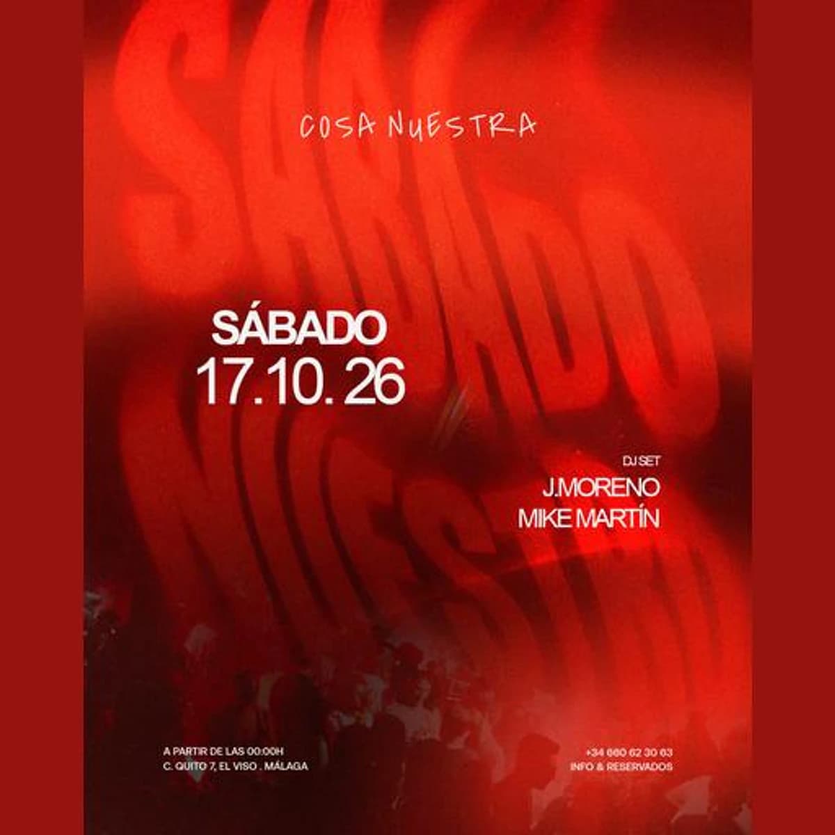Cartel rojo de Sábado Nuestro para el 17 de octubre de 2026, con letras blancas, siluetas de público y los nombres J. Moreno y Mike Martín.