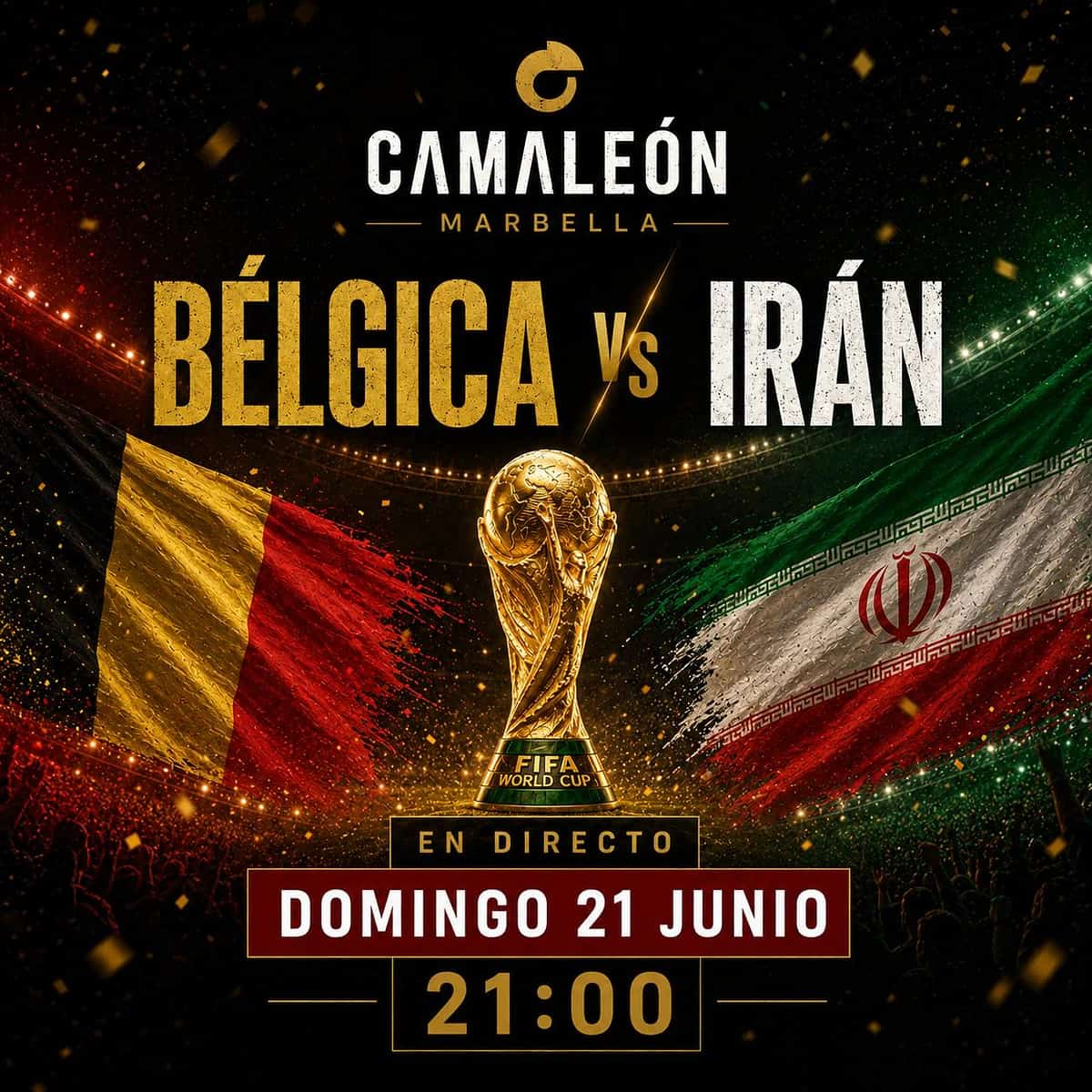 Cartel de retransmisión en directo de Bélgica vs Irán en el Mundial 2026 con enfoque visual deportivo y ambiente de fútbol internacional en Marbella.