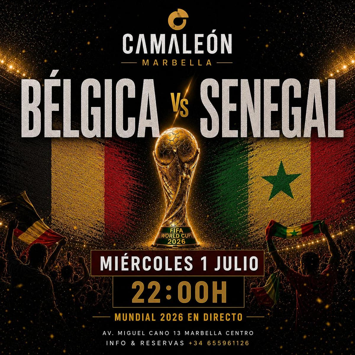 Cartel de retransmisión en directo de Bélgica vs Senegal en el Mundial 2026 con ambiente de fútbol internacional y plan de noche en Marbella centro.