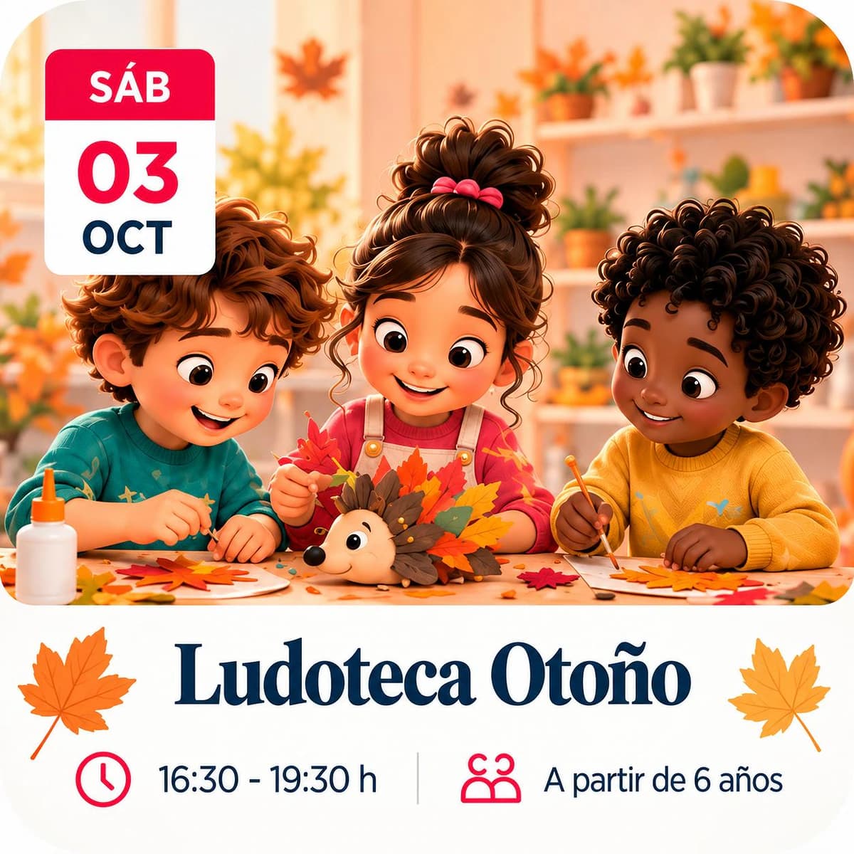 Cartel infantil de Casa Ángeles para Ludoteca Otoño con tres niños haciendo manualidades de otoño, fecha sábado 3 de octubre y horario de 16:30 a 19:30.