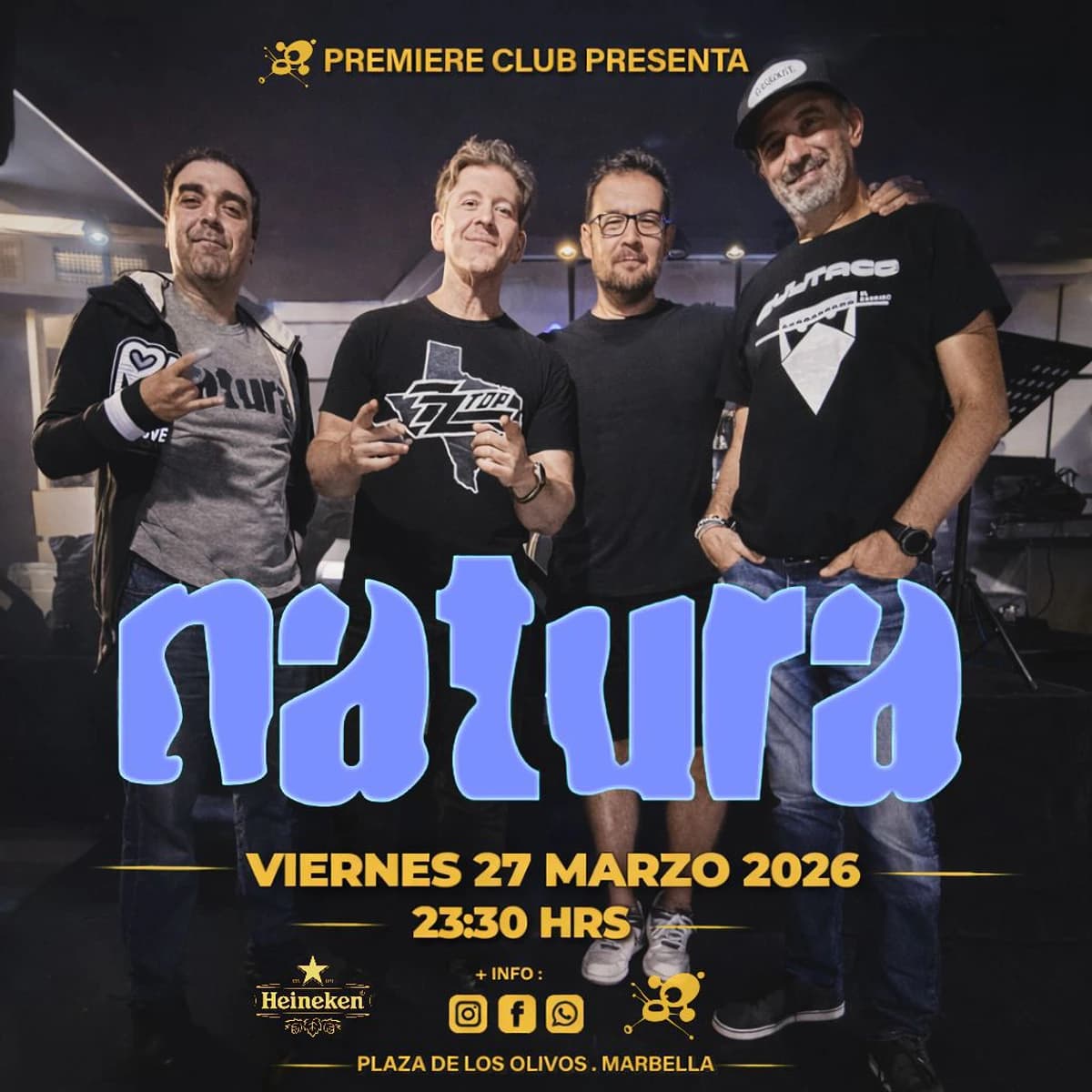 Cartel promocional del concierto de Natura en Premiere Club con cuatro miembros de la banda posando sobre fondo oscuro. El evento se celebra el viernes 27 de marzo de 2026 a las 23:30 h en Marbella.