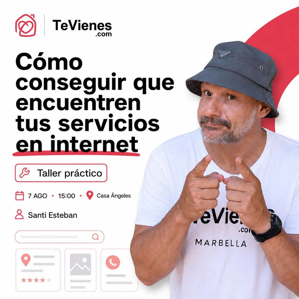 Portada del taller de Santi Esteban sobre visibilidad digital para profesionales, con diseño blanco y rojo, elementos de búsqueda online y logos de TeVienes y Casa Ángeles.