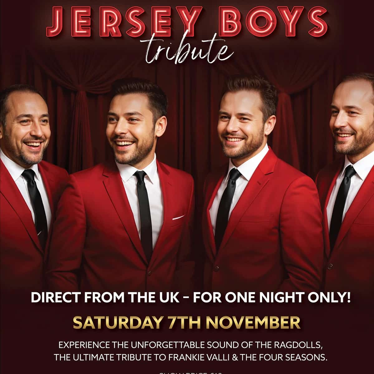 Cartel de Jersey Boys Tribute en La Sala Puerto Banús con cuatro artistas con trajes rojos, mención a The Ragdolls y show anunciado para el sábado 7 de noviembre.
