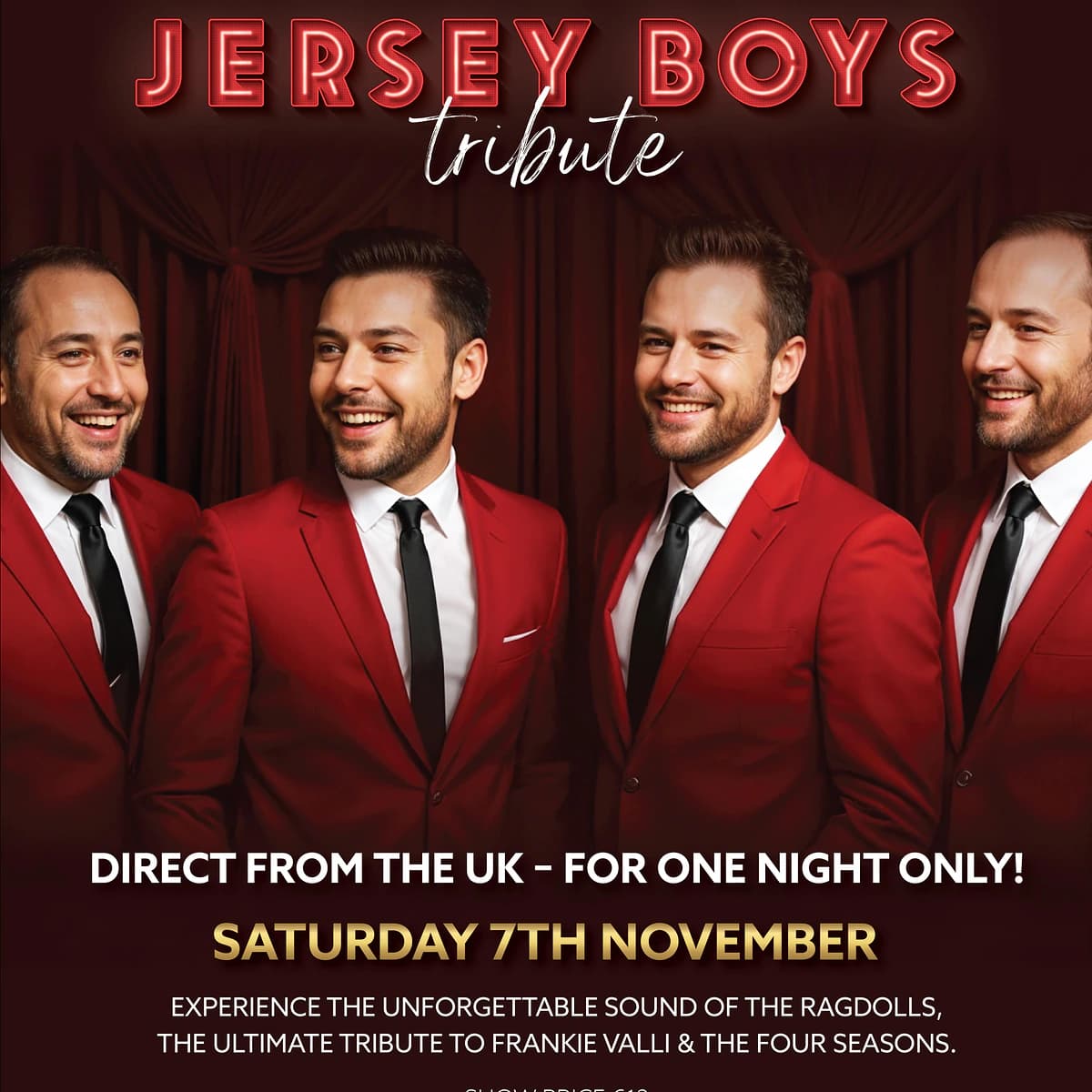 Cartel de Jersey Boys Tribute en La Sala Puerto Banús con cuatro artistas con trajes rojos, mención a The Ragdolls y show anunciado para el sábado 7 de noviembre.