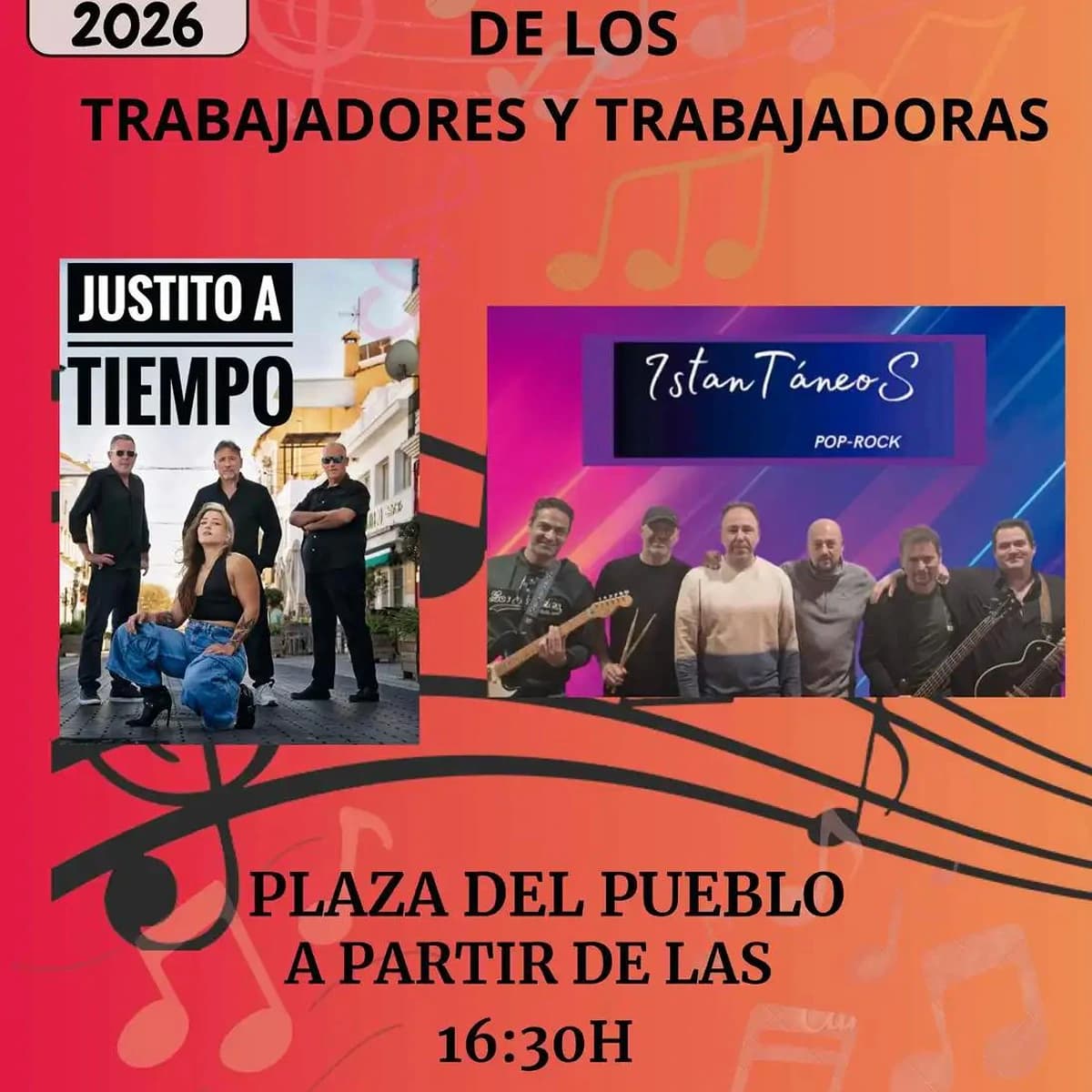 Cartel del Día Internacional de los Trabajadores y Trabajadoras 2026 en Istán, con las actuaciones de Justito a Tiempo e IstánTáneos en la Plaza del Pueblo.
