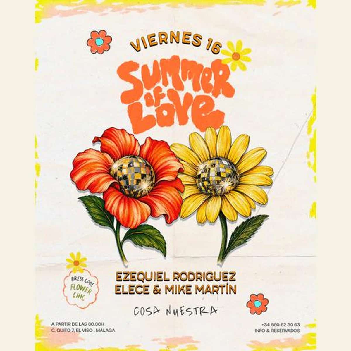 Cartel de Summer of Love del 16 de octubre con dos flores naranja y amarilla de centros reflectantes, pequeñas margaritas y los nombres Ezequiel Rodríguez, Elece y Mike Martín.