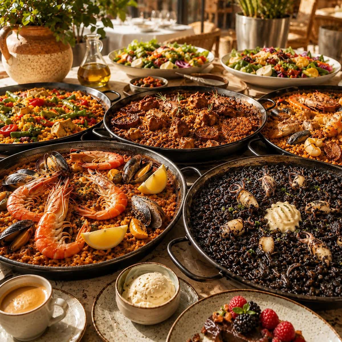 Buffet libre de arroces en La Lonja Marbella con varias paellas y arroces de marisco, carne, negro y verduras servidos simultáneamente.